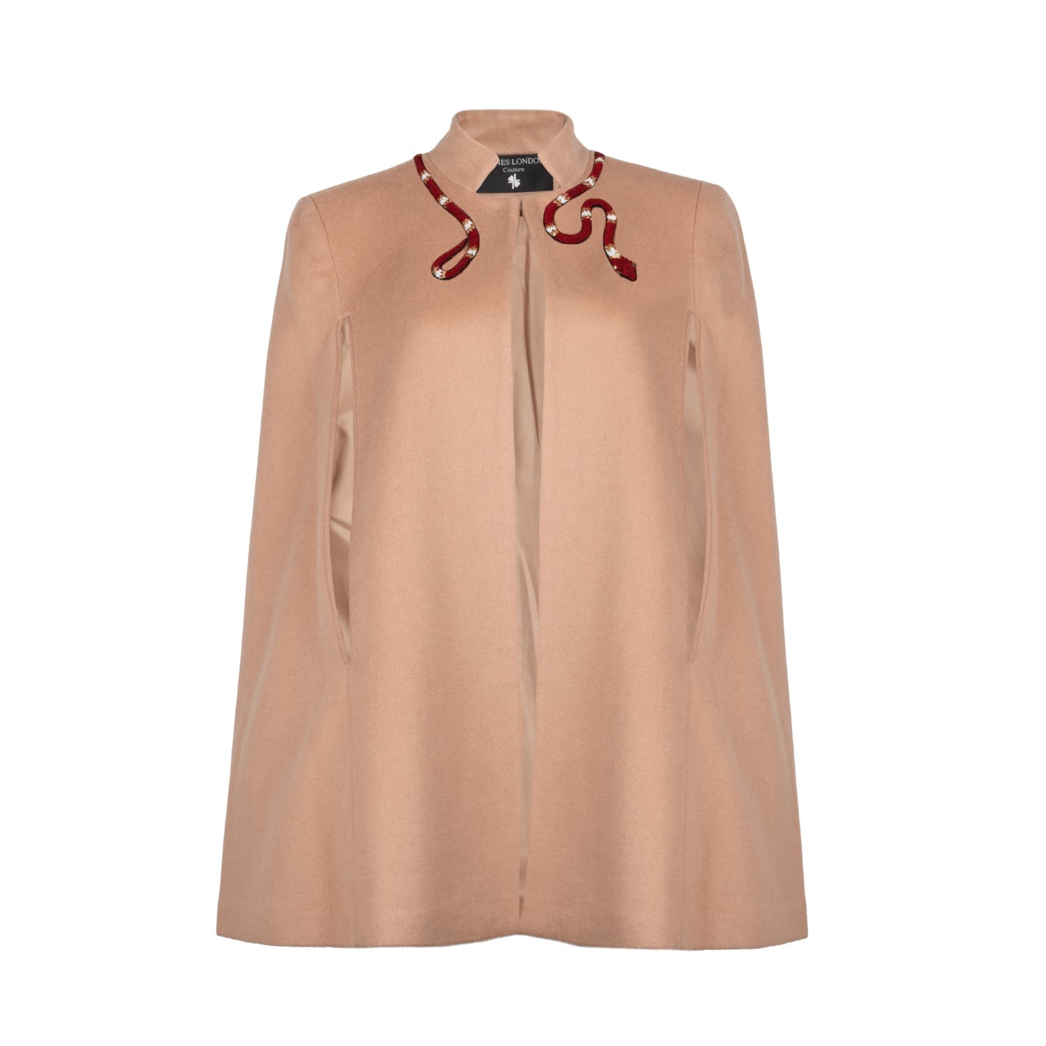 Laines London Women's Neutrals Laines Couture Wool Blend Cape With Embellished Wrap Around Red Snake - Camel In Beige/red