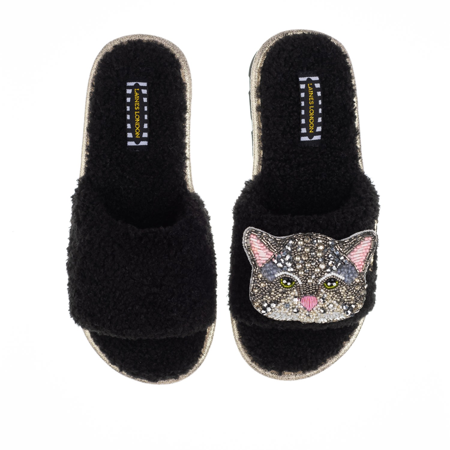 Women’s Teddy Towelling Slipper Sliders With Luna Cat Brooch - Black Medium Laines London