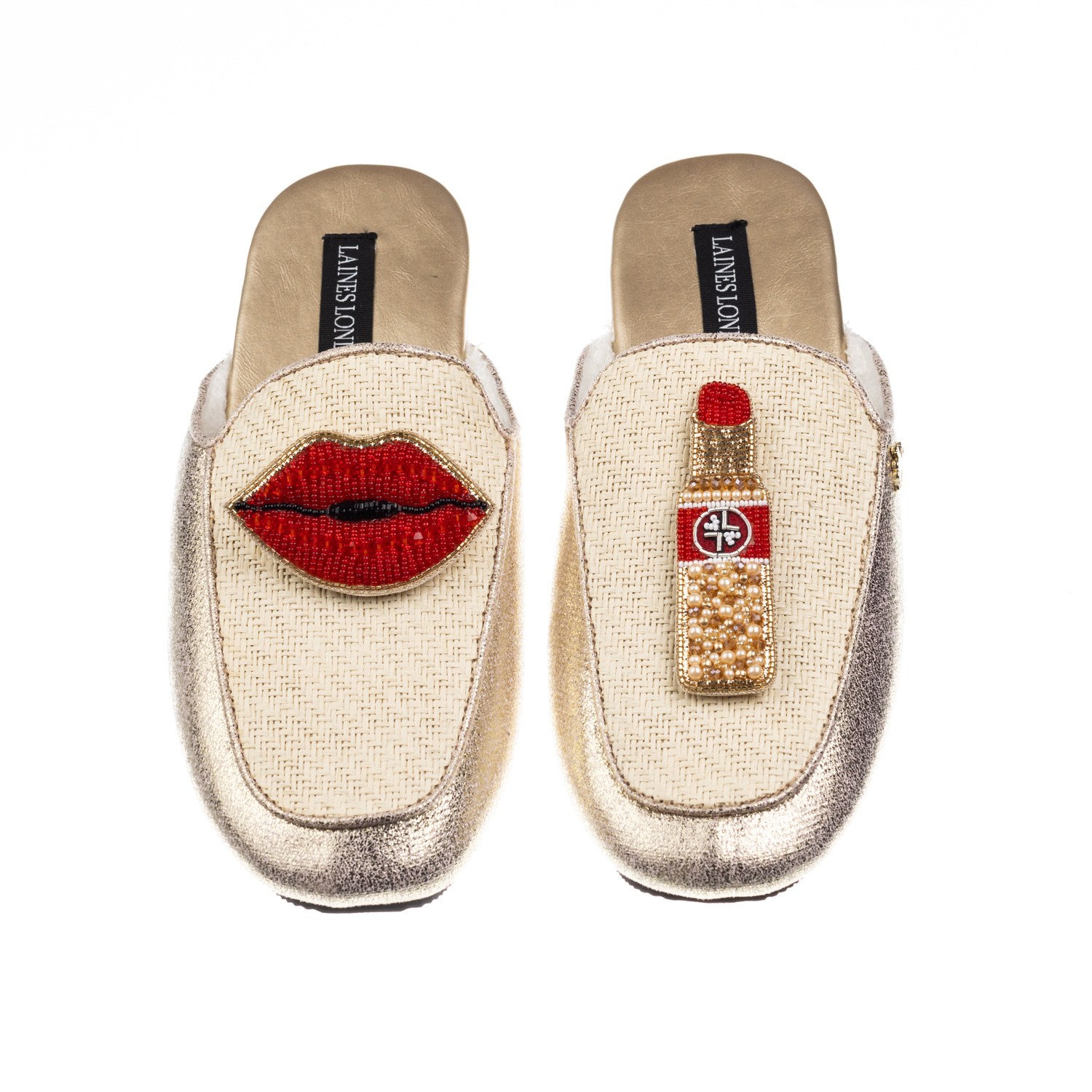 Laines London Women's Gold / Neutrals Classic Mules With Red Lipstick & Lips Brooches - Cream & Gold In Gold