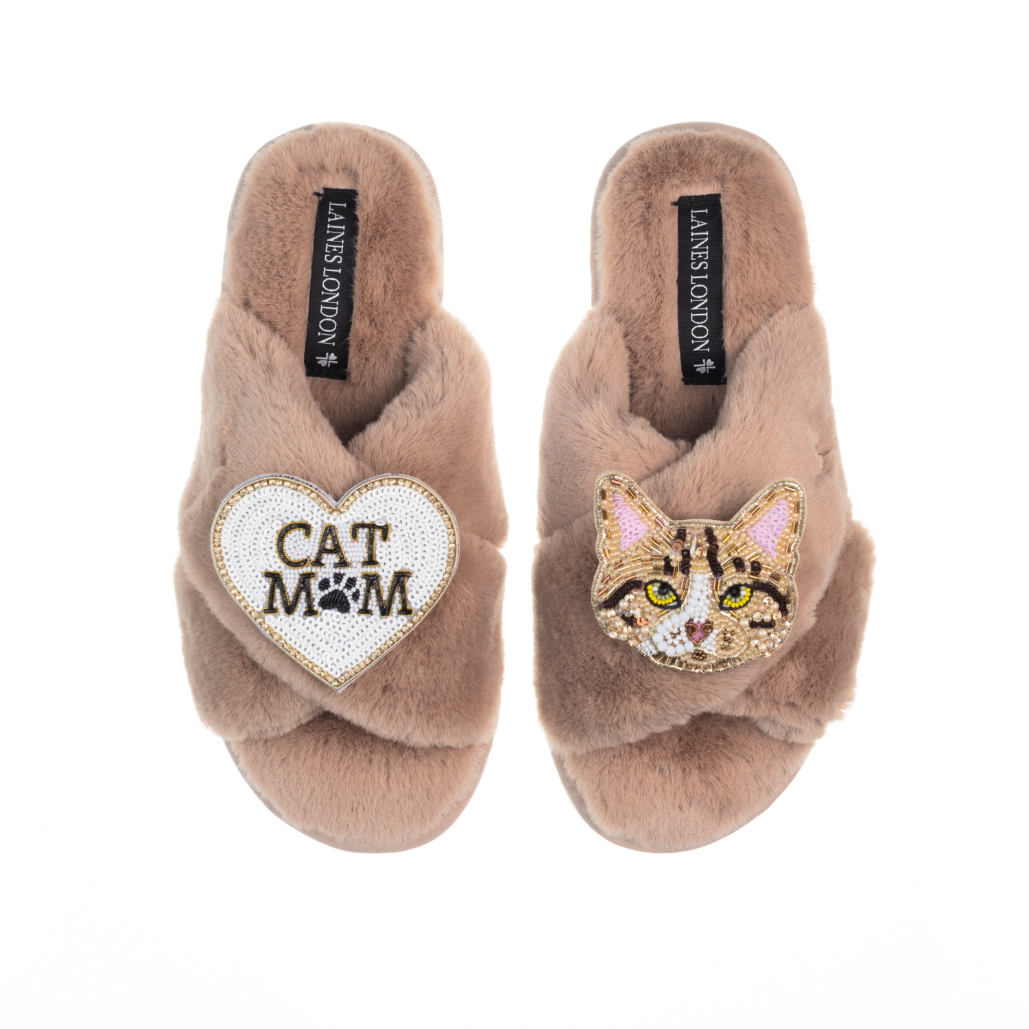 Laines London Women's Brown Classic Laines Slippers With Cat Mum / Mom & Tabby Cat Brooches - Toffee In Brown