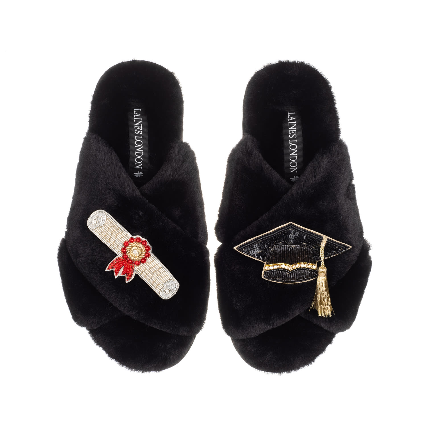 Laines London Women's Classic Laines Slippers With Graduation Brooches - Black In Black