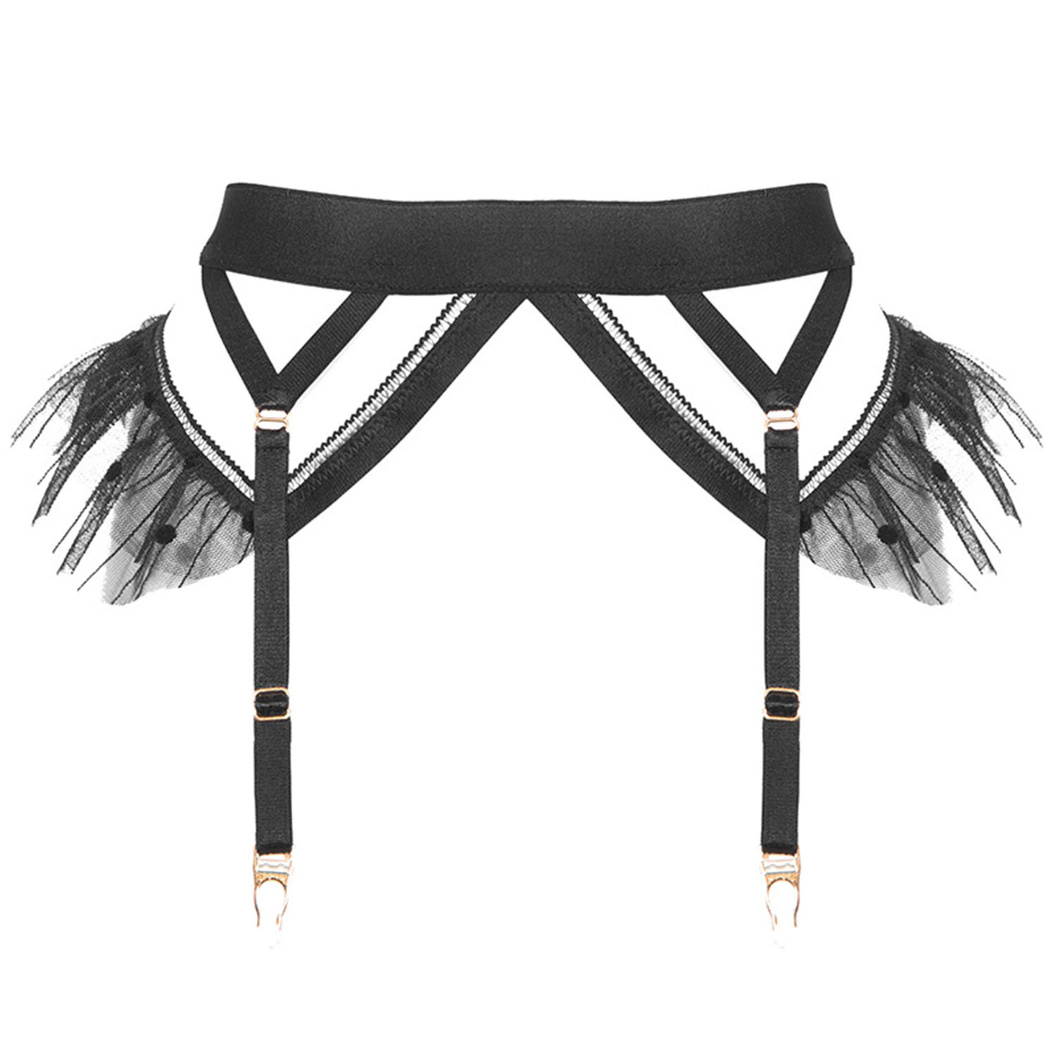 Reckless Wolf Women's Black Rogue Suspender - Adjustable Wide Band & Soft Strap Detail, With Hip Frills In Black