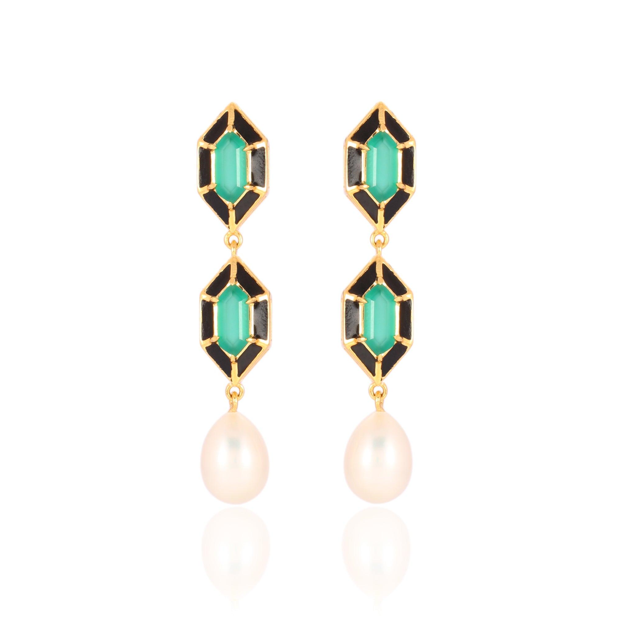 Women’s Gold / Green Noor Hexagon Green Onyx And Pearl Earrings Gold Vermeil | Karrah Jewellery