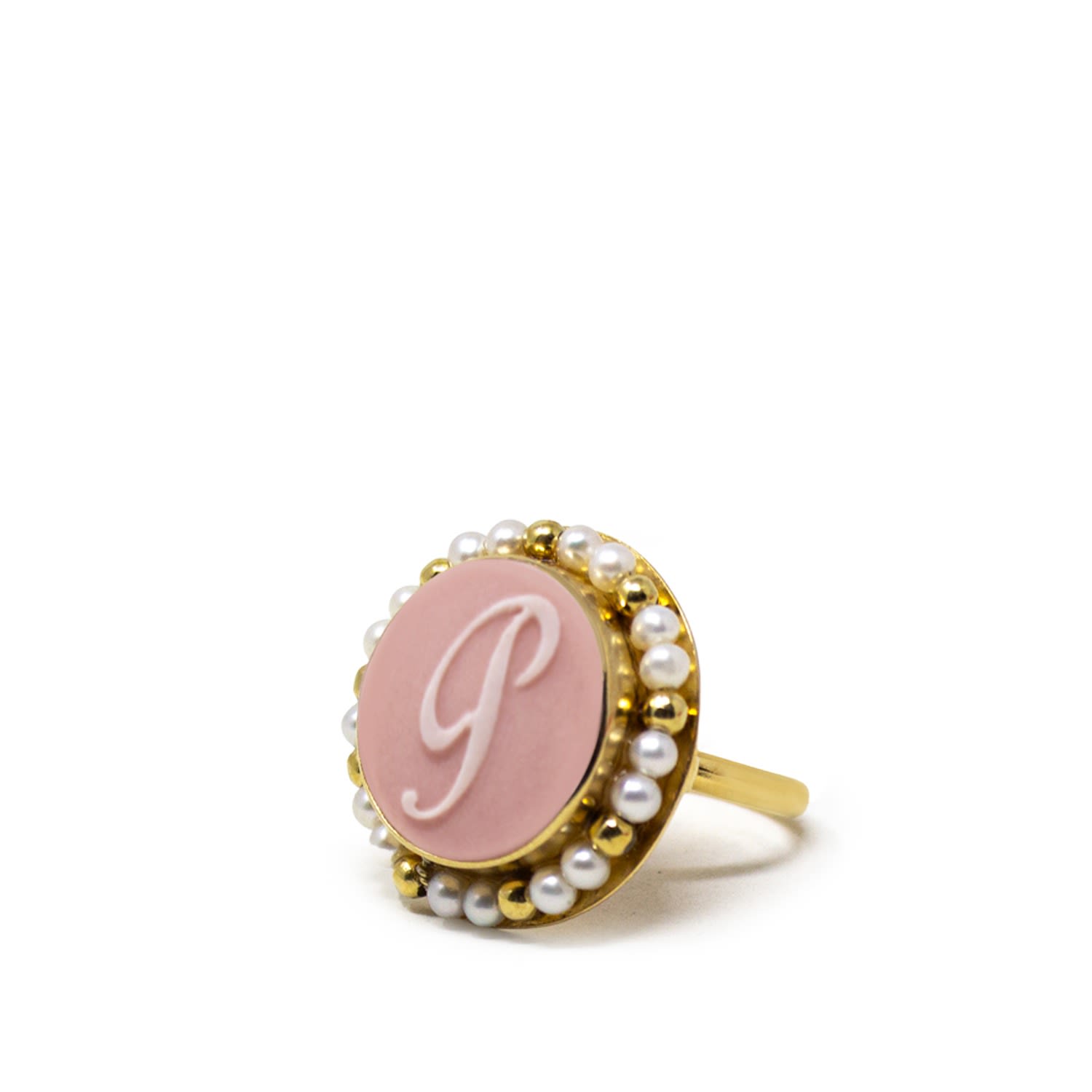 Women’s Gold / Pink / Purple Gold Vermeil Pink Cameo Pearl Ring Initial P Vintouch Italy