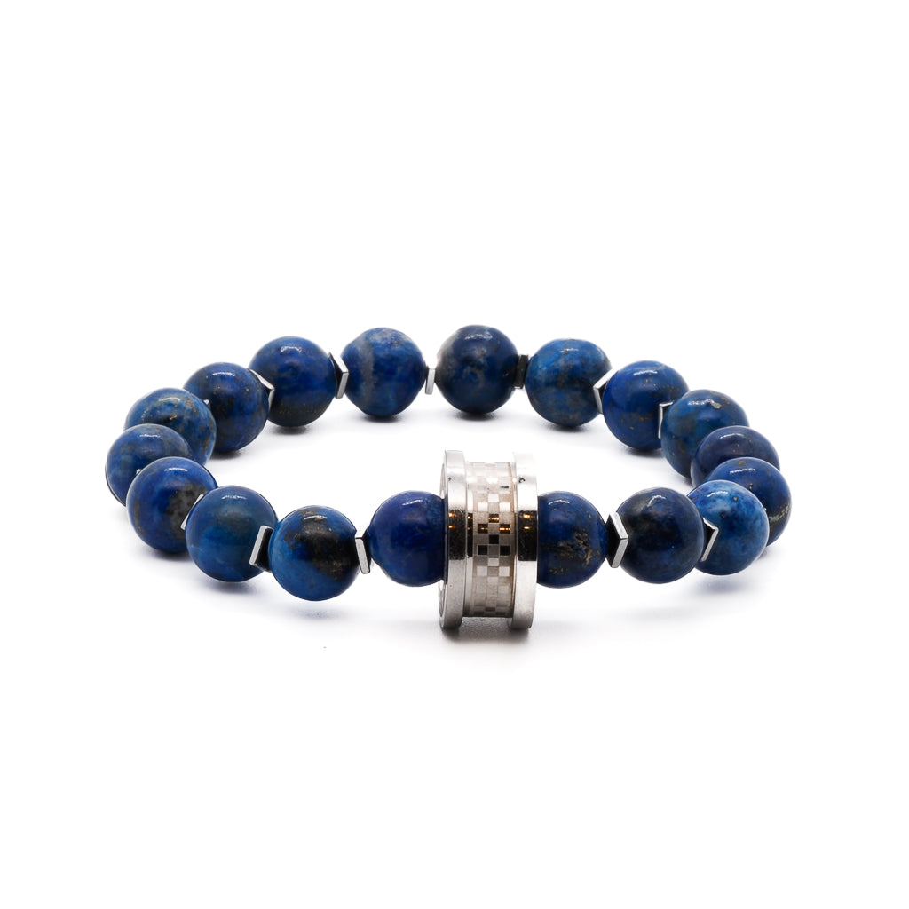 Men’s Blue / Silver Lapis Lazuli Stone Silver Amor Beaded Bracelet - Blue Ebru Jewelry