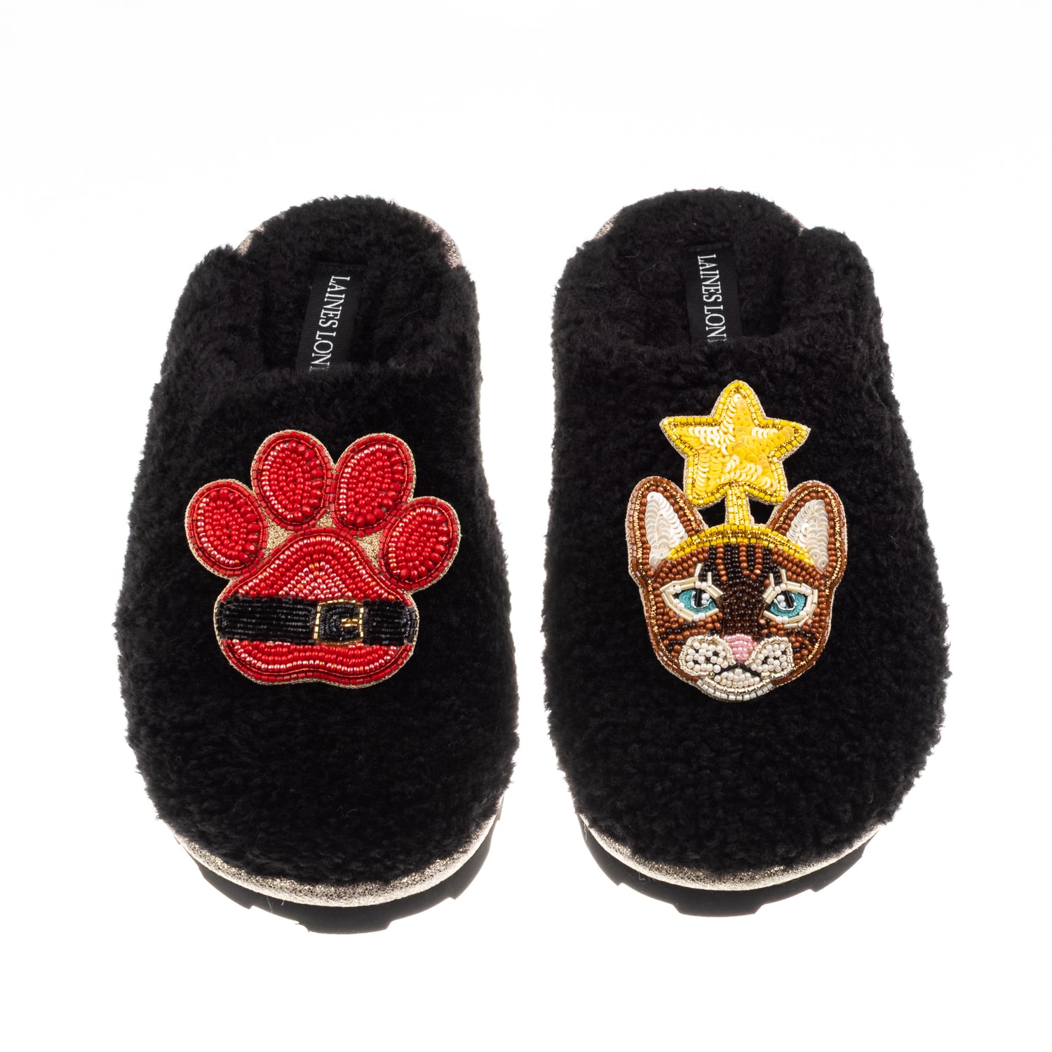 Laines London Women's Teddy Closed Toe Slippers With Christmas Brown/orange Tabby Cat & Paw Brooches - Black In Black