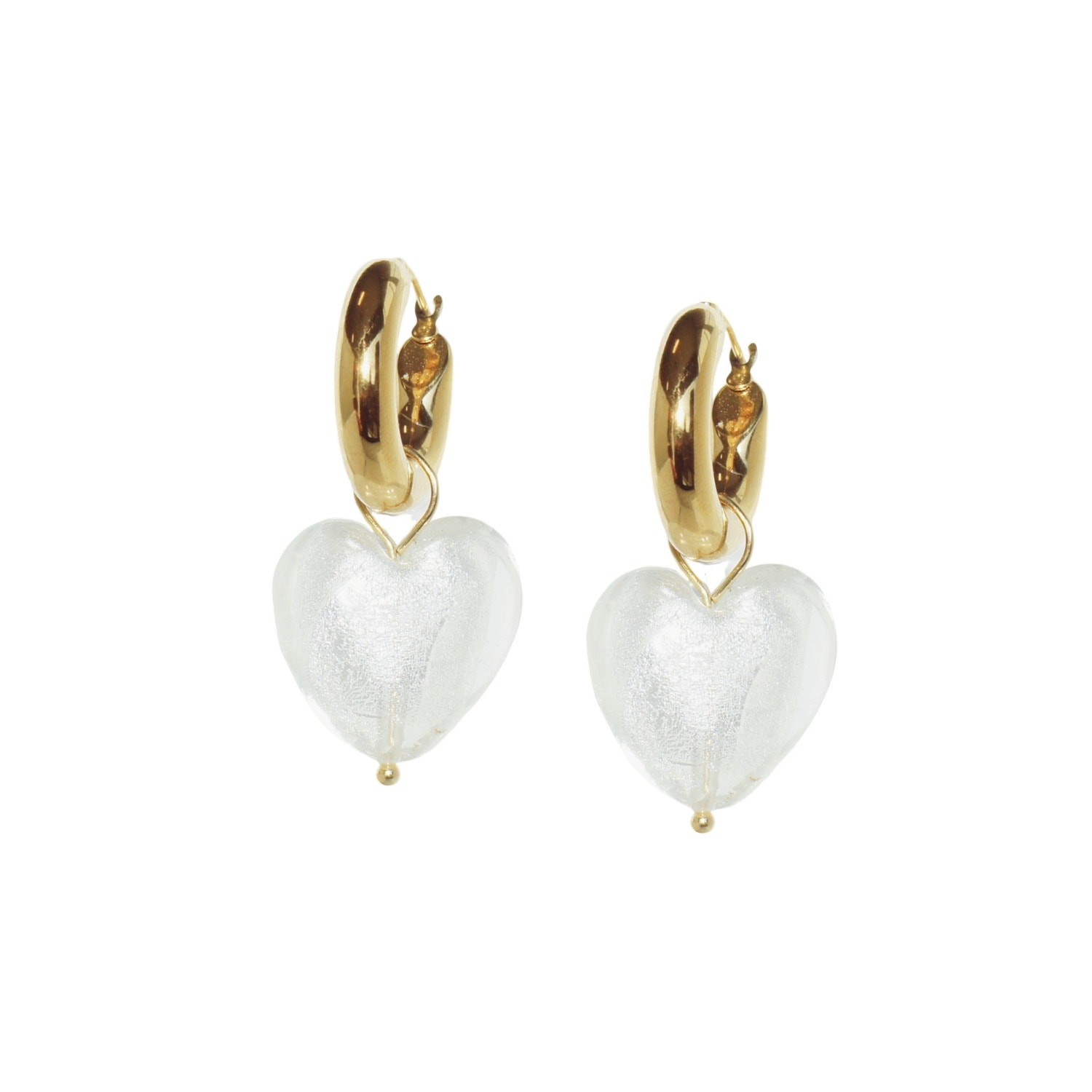 I'mmany London Women's Silver / White Whisper Of Heart Chunky Golden Hoop Earrings With Detachable Glass Heart Char