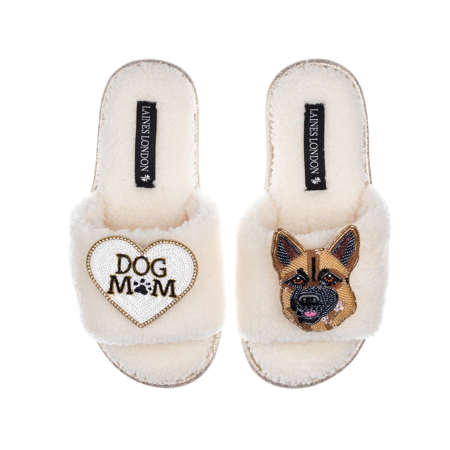 Laines London Women's White Teddy Towelling Sliders With Roxy The German Shepherd & Dog Mum/mom Brooches - Cream In White