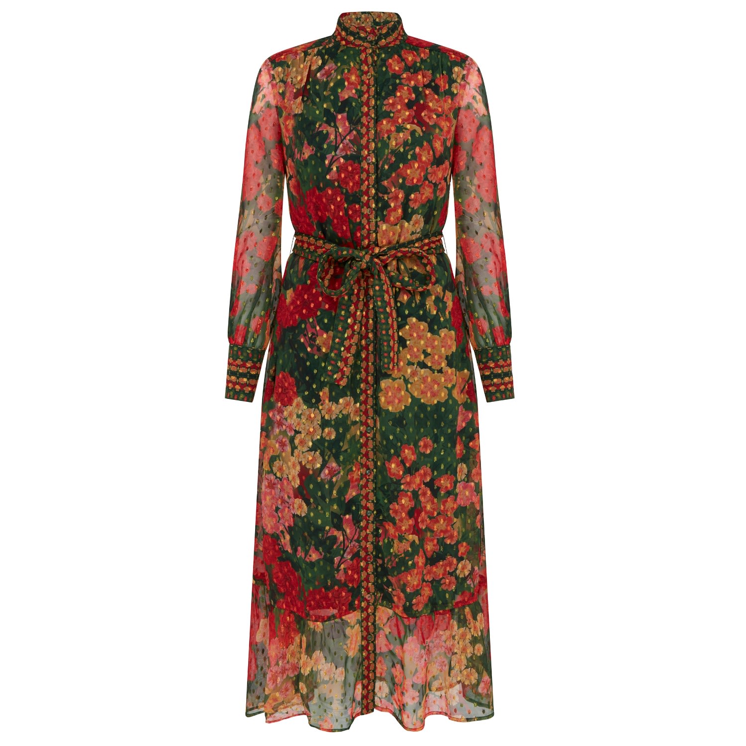 Women’s Olive Floral Long Sleeve Belted Shirt Midi Dress In Dark Orange And Green Dress XXL Raishma