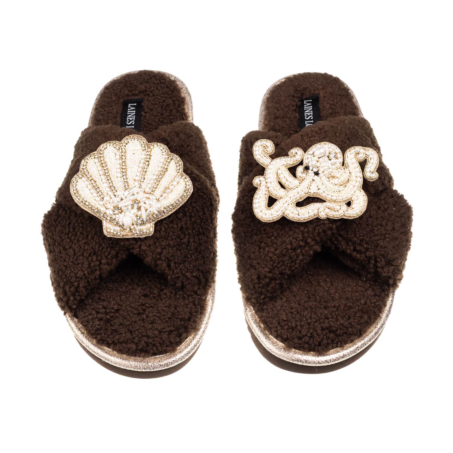 Laines London Women's Brown / Neutrals Laines Neutral Boucle Slippers With Pearl Shell & Octopus Brooches - Chocol