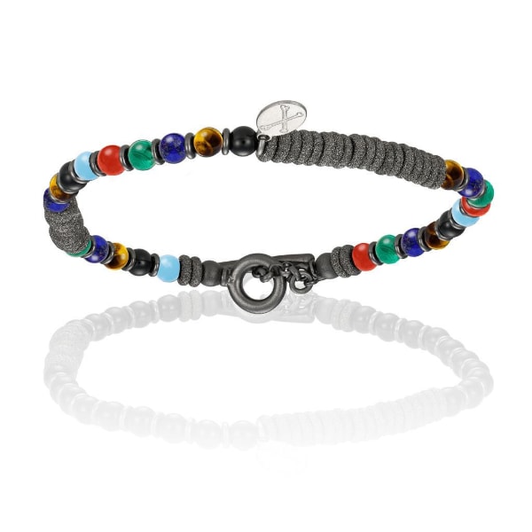 Men’s Multi Stone Beaded Bracelet With Black Pvd Beads Unisex Double Bone Bracelets