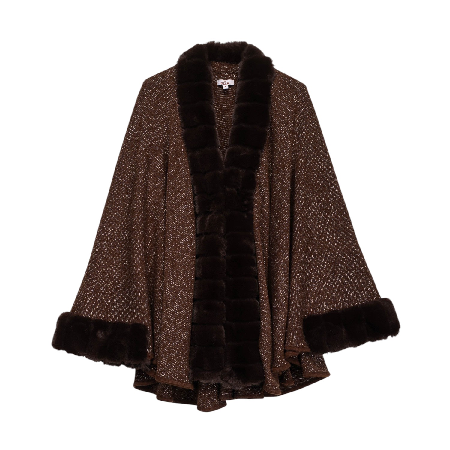 Niza Women's Brown Speckled Poncho With Fur Trim In Brown