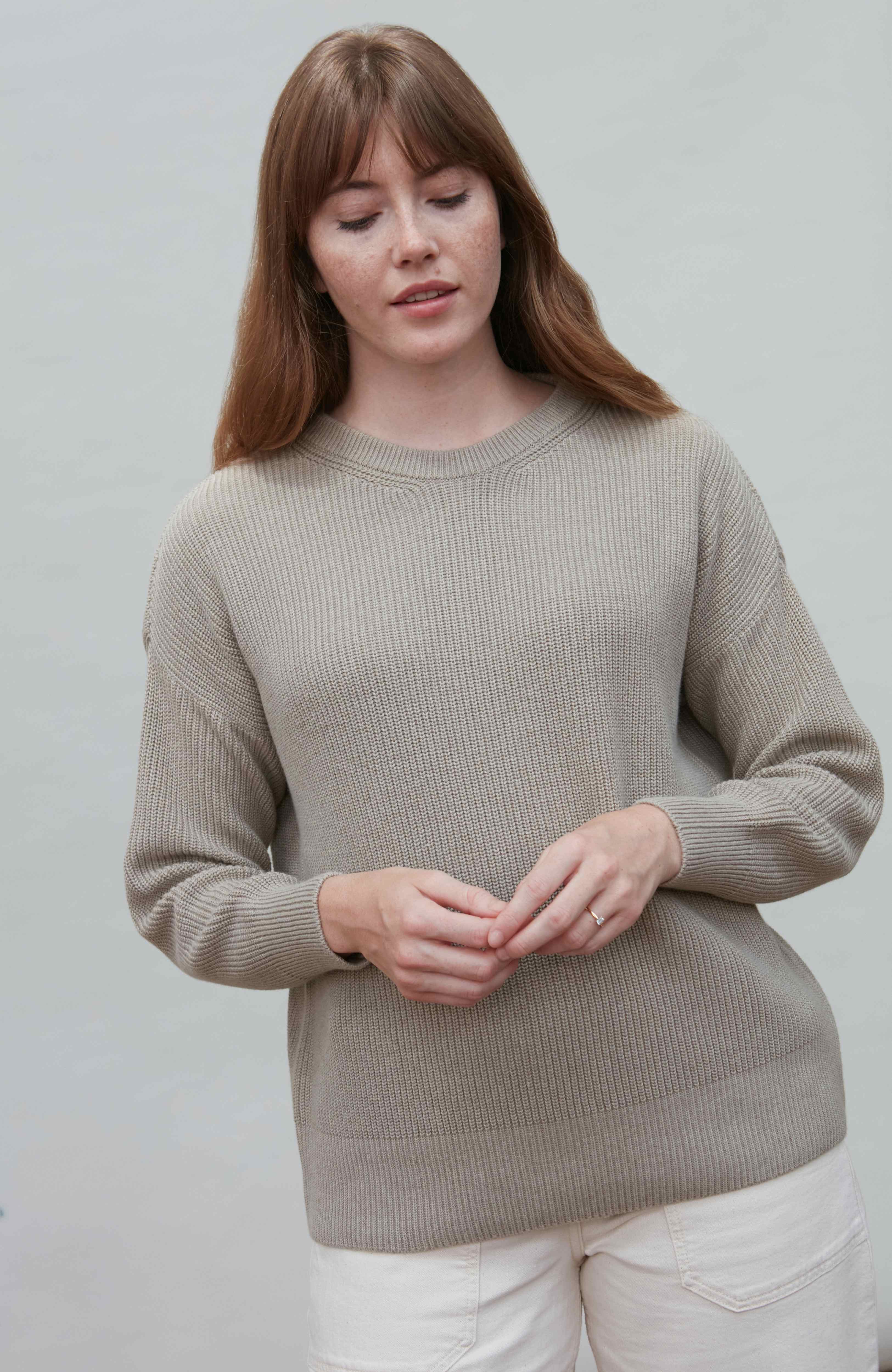 トップス Anatomica 1PLY CREW NECK SWEATER/40 FAWN Womens Cotton Tiffany Ribbed Crew Neck Jumper - Fawn | Paul James