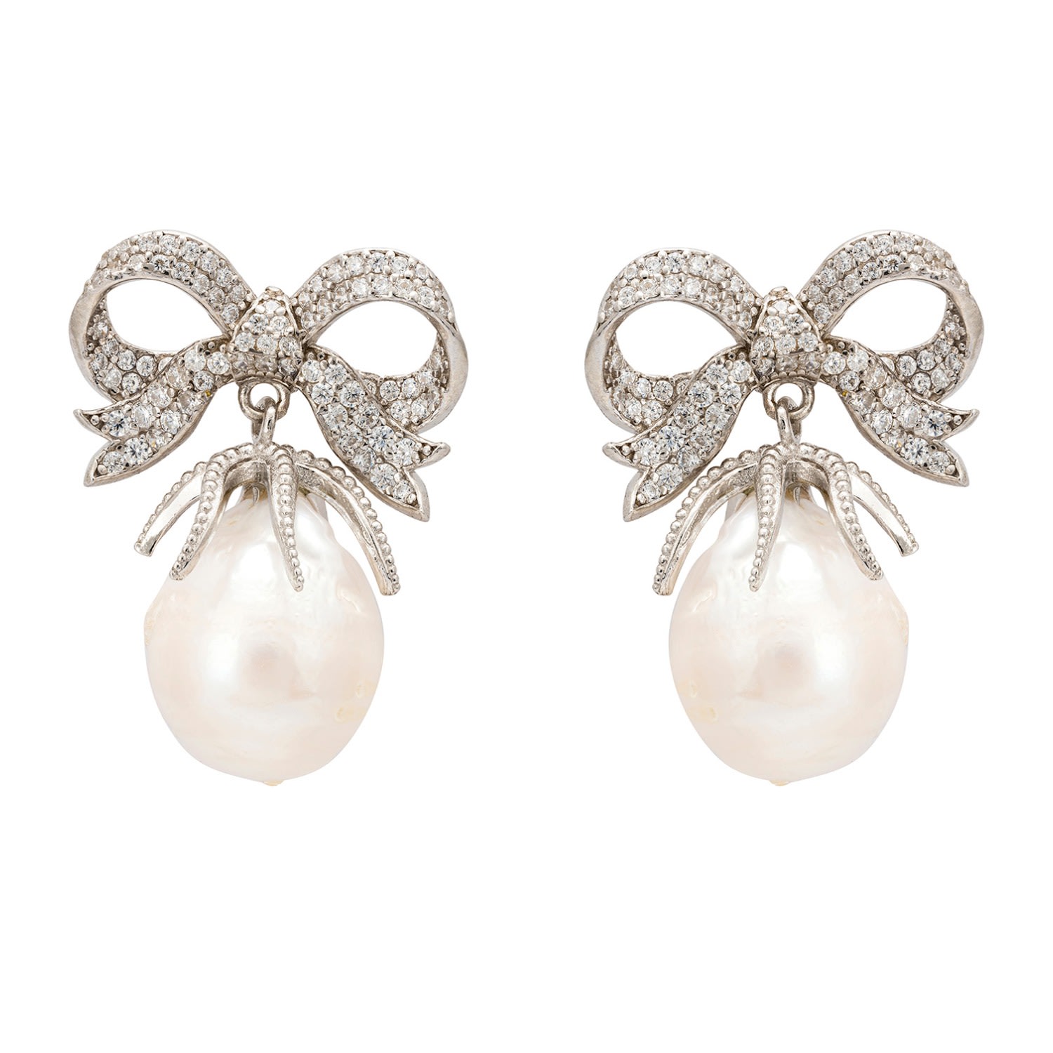 Latelita Women's White / Silver Baroque Pearl Ribbon And Bows Drop Earrings Silver In Multi