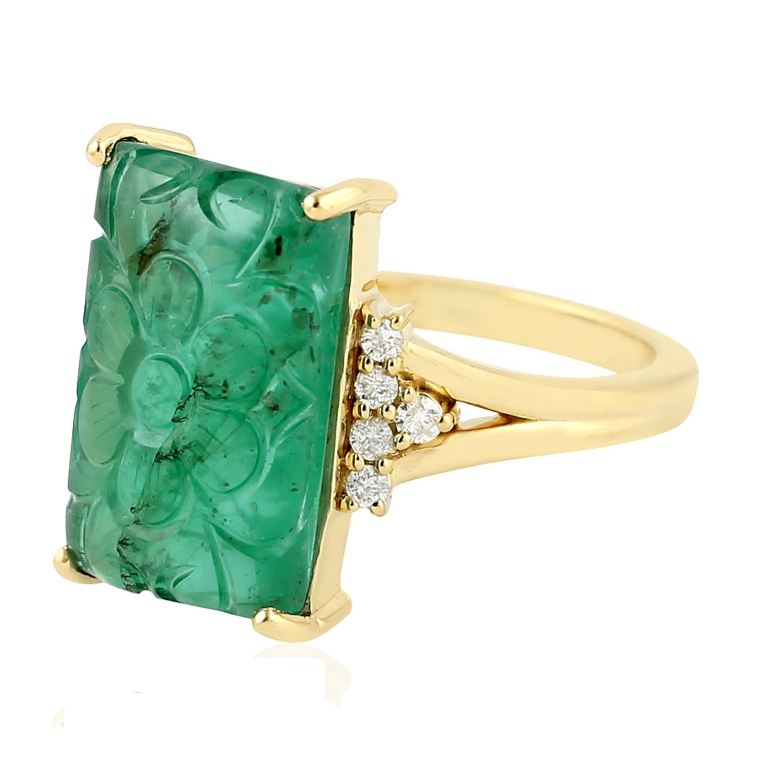 Artisan Women's Green / White / Gold Carving Emerald & Pave Diamond In 18k Yellow Gold Ring