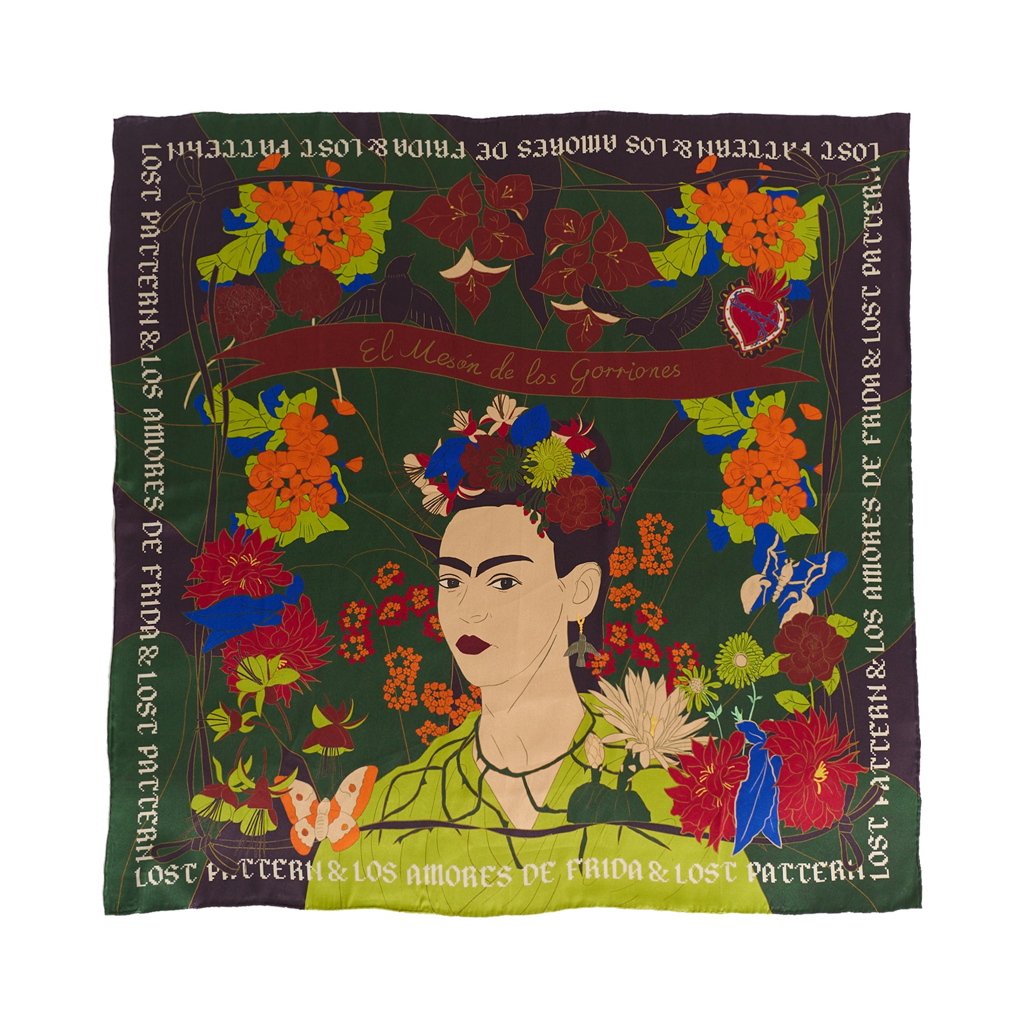 Lost Pattern Nyc Women&#x27;s Frida X Lost Pattern &quot;los Amores De Frida&quot; Large Silk Scarf - Dark Green