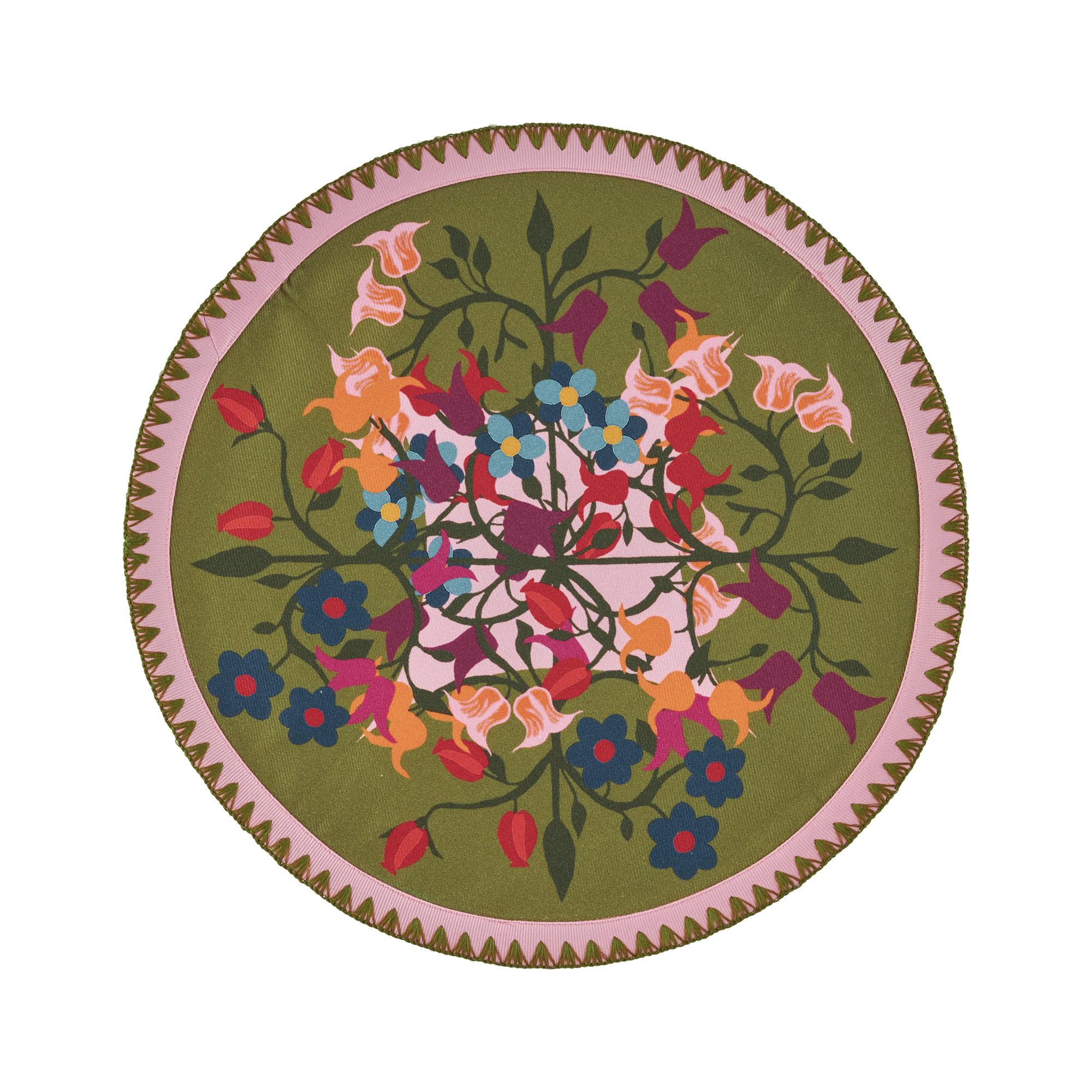 Green / Pink / Purple Set Of Six Round Placemats In Bold Flower Print In Green With Embroidery Sophie Williamson Design