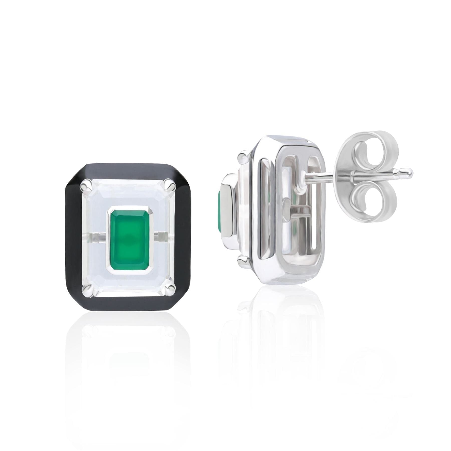 Women’s Green / Black / Silver Rock Crystal, Chalcedony & Black Enamel Stud Earrings In Sterling Silver Gemondo