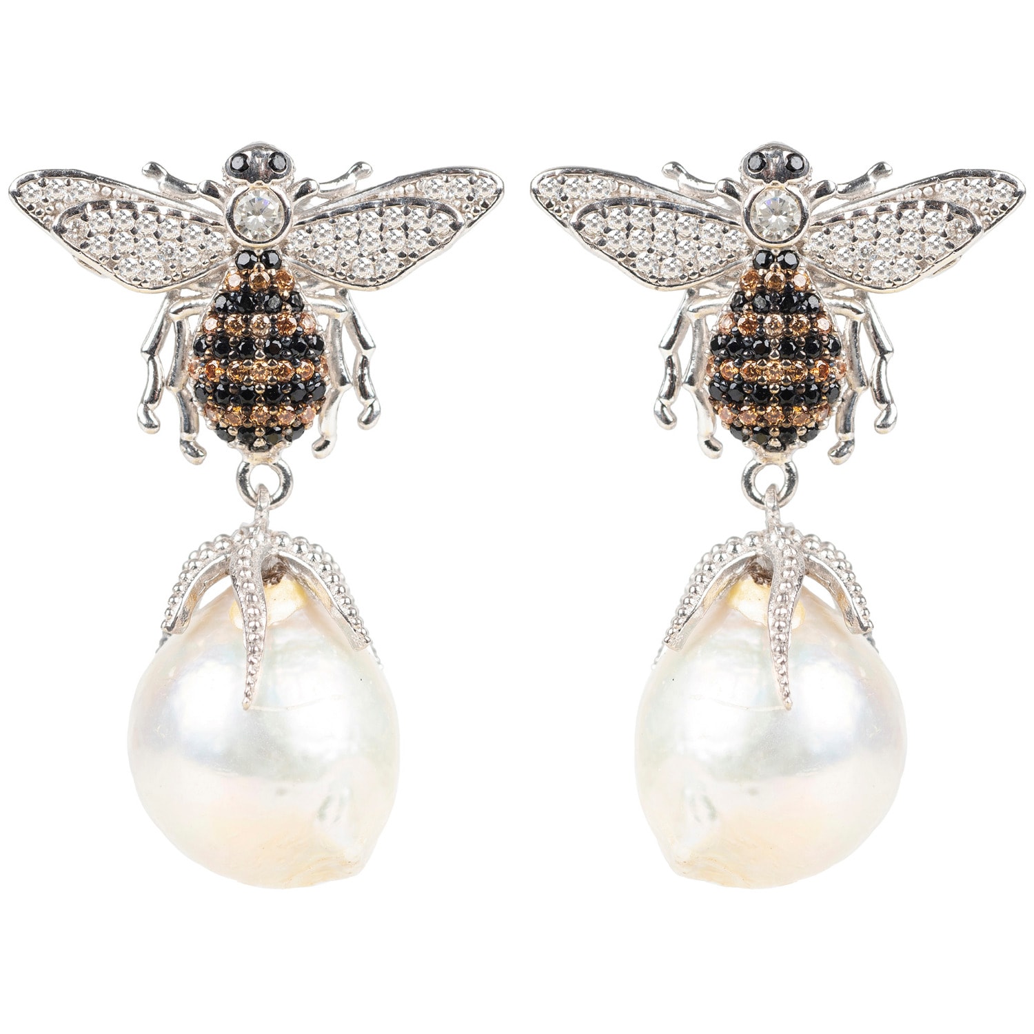 Women’s Black / Silver / White Baroque Pearl Honey Bee Drop Earrings Silver Latelita