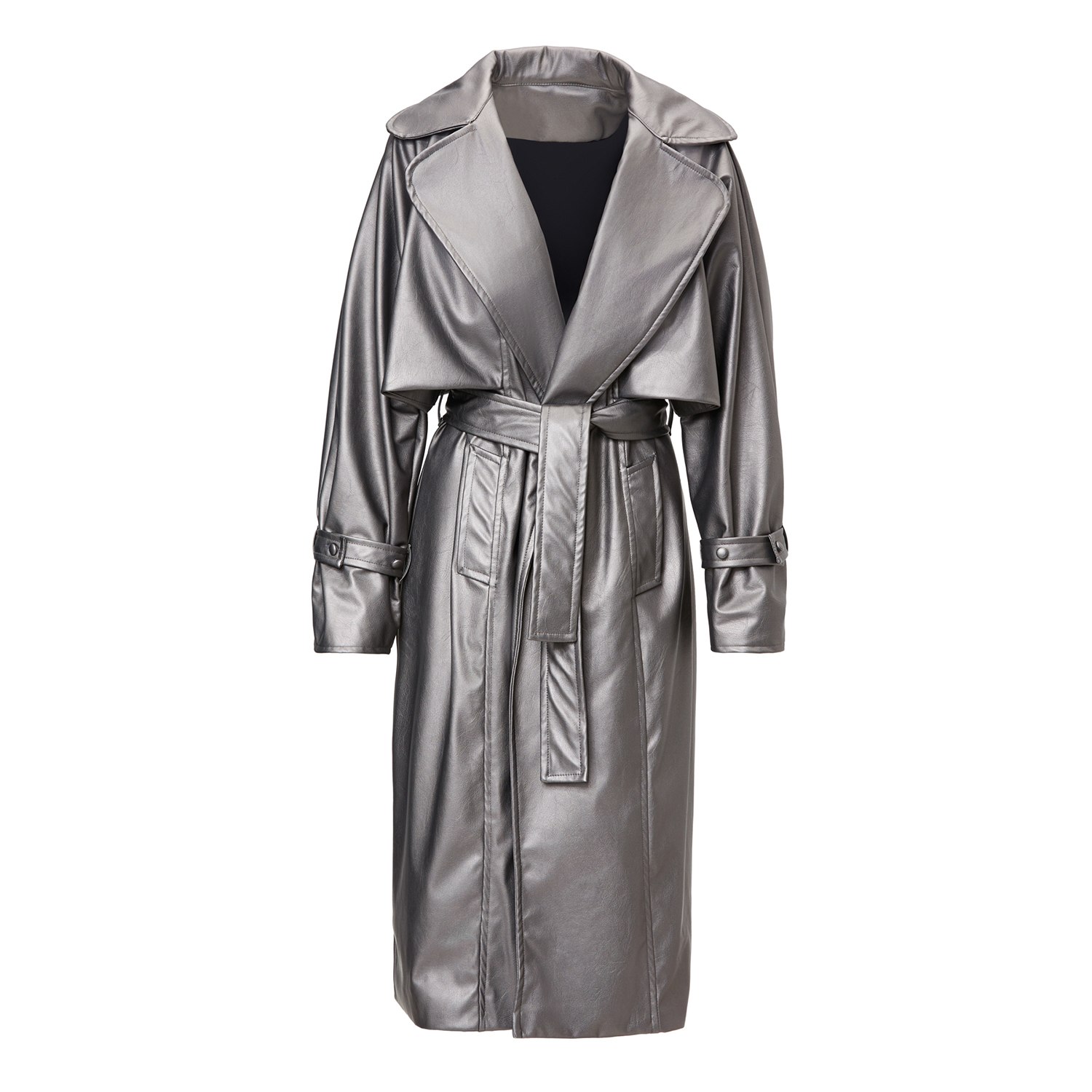 Women’s Silver Metallic Leather Raglan Sleeve Trench Coat With Belt Extra Small Bluzat