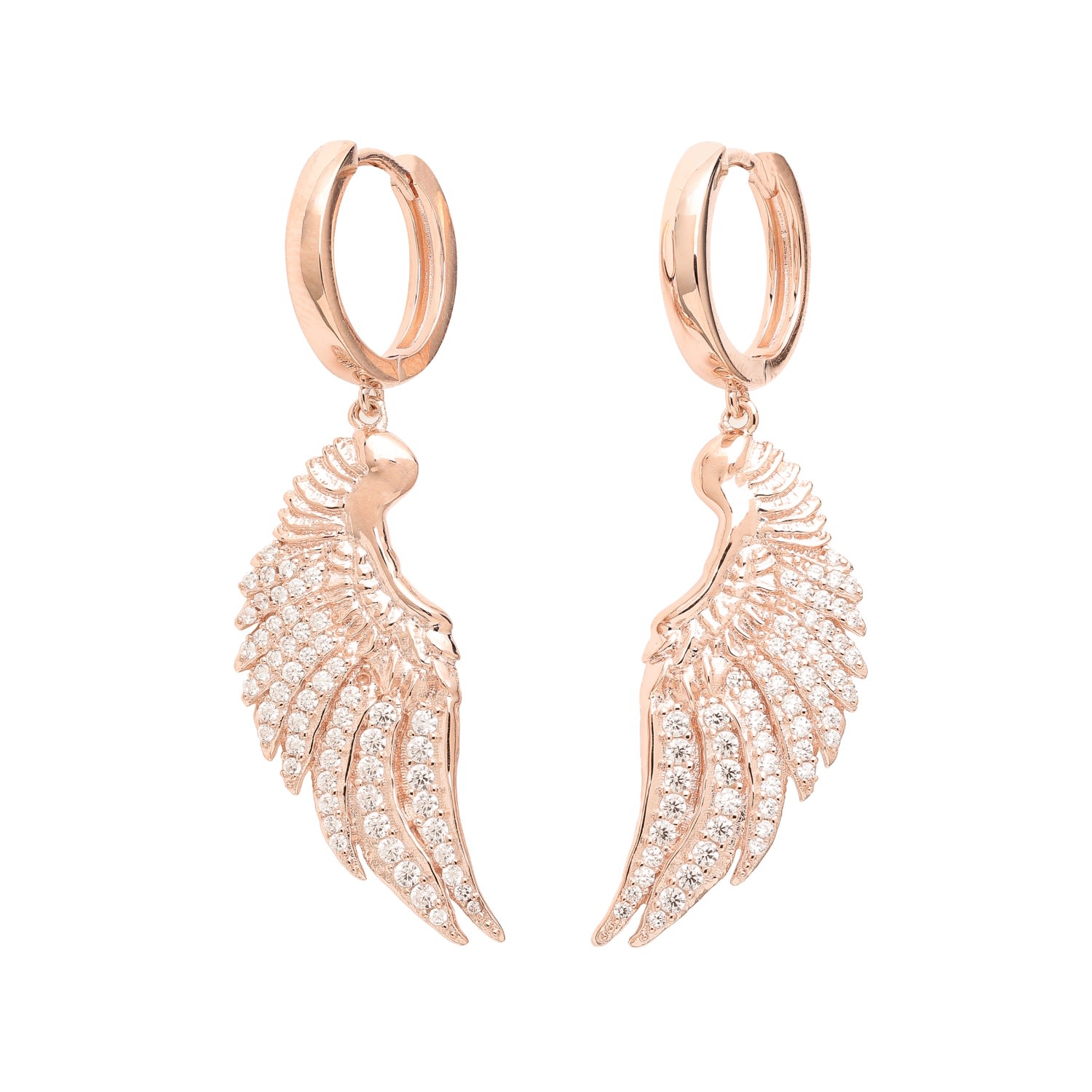 Women’s Angel Wing Pave Huggie Earrings, Rose Gold Seven Saints