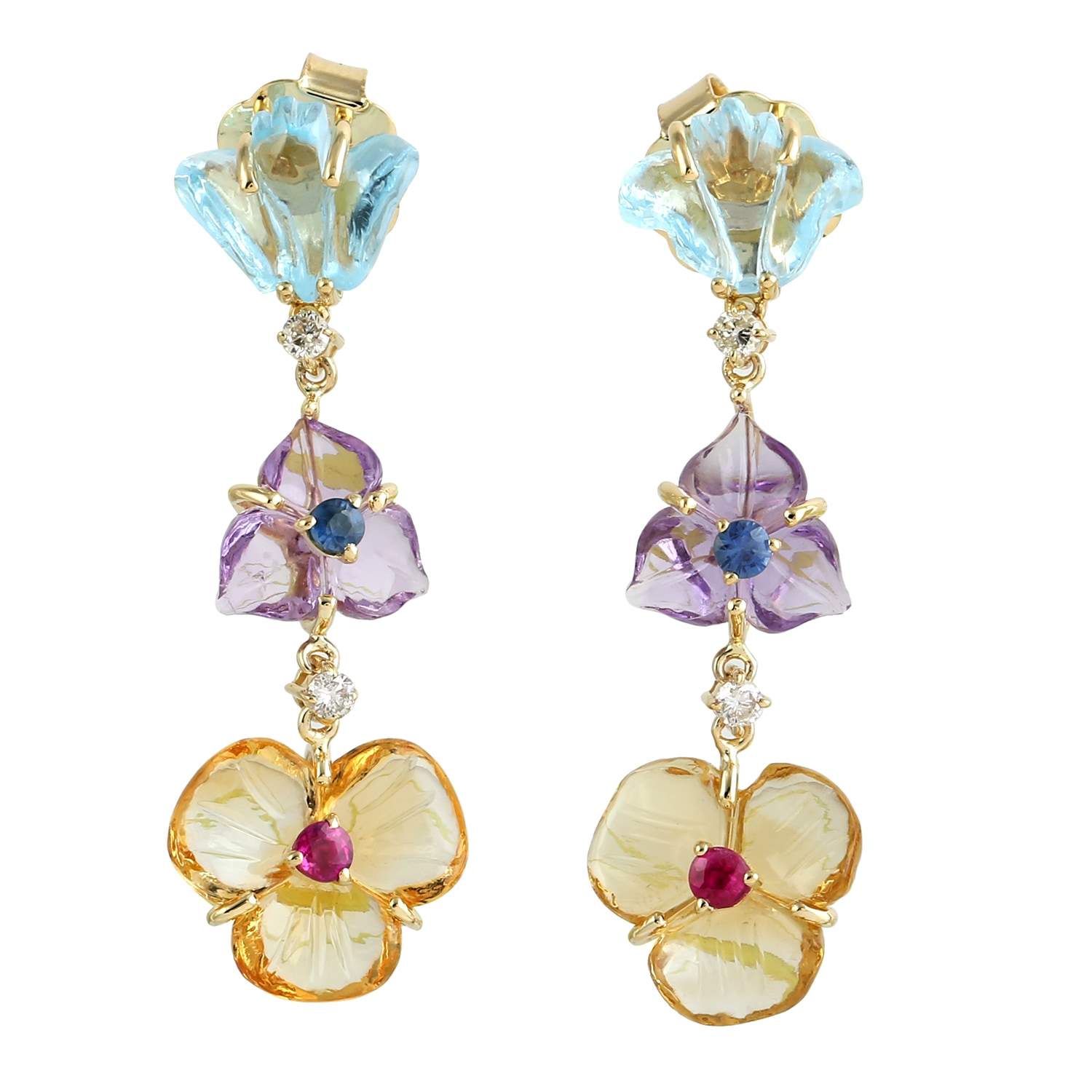 Women’s Gold / White Carving Mix Stone & Ruby With Sapphire Natural Diamond In 14K Gold Flower Dangle Earrings Artisan