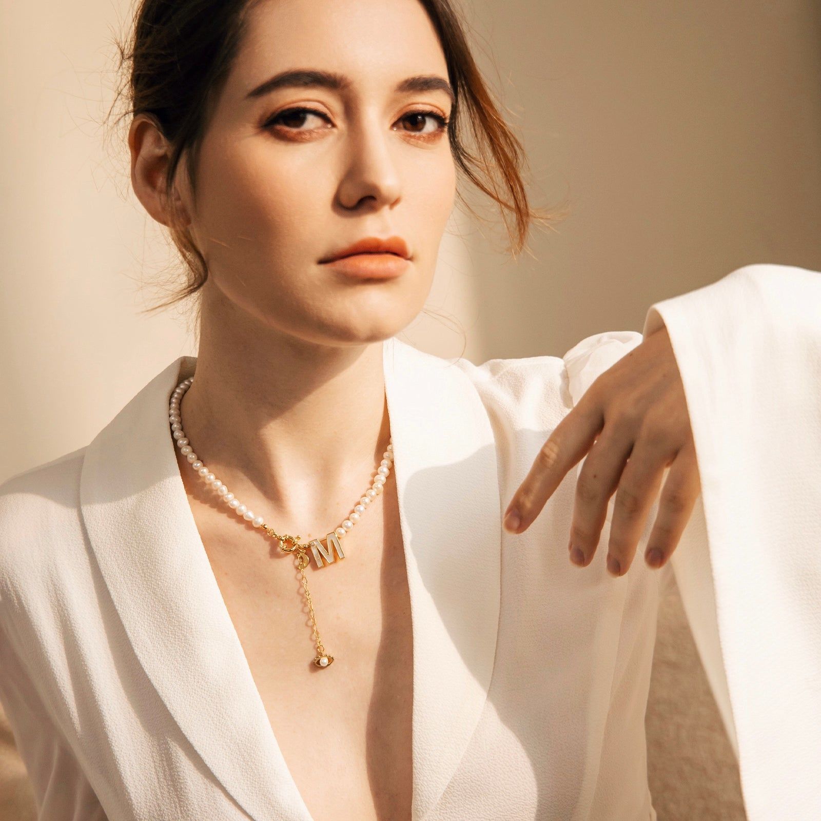 Aurozia Women's Gold The Alphabet Eye Letter Mother Of Pearl Shell Pendant Diamond Pearl Necklace In Gold