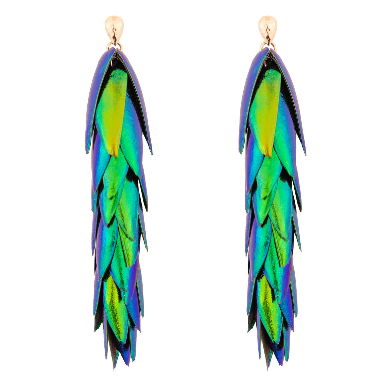 Oanasavu.creations Women's Gold / Green Beetle Wings Extra Long Drop Statement Party Earrings Gold Ear Studs