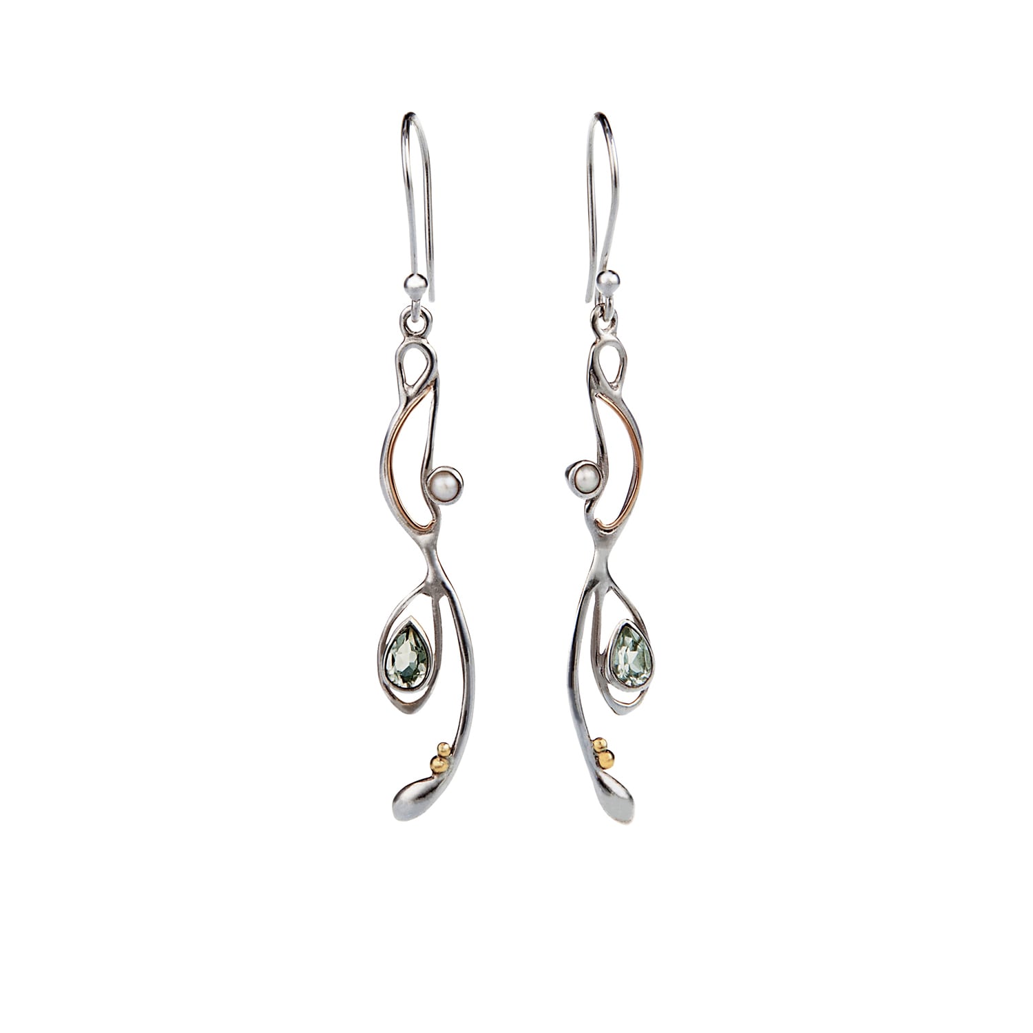 Isla Silver Women's Gold / Green / Silver Transcending Elegance Light Green Amethyst & Pearl Dangle Earrings