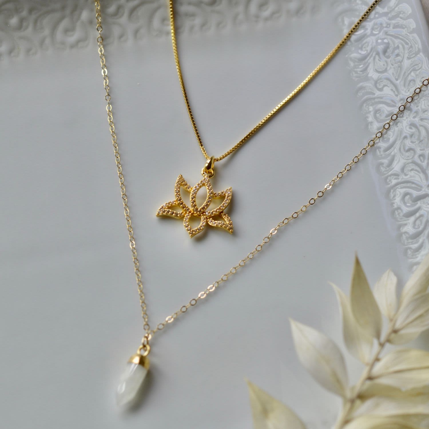 Illuminate Lotus Necklace, White Topaz Pave, Gold Over Sterling