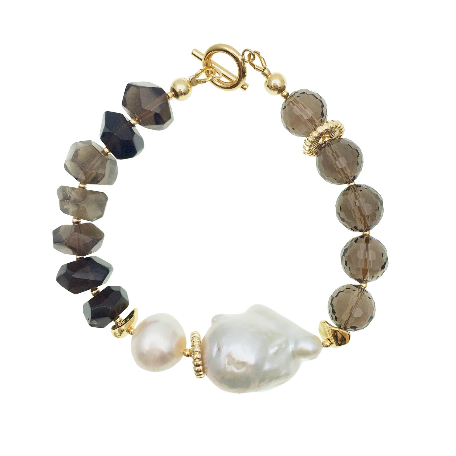 Farra Women's White Baroque Pearl With Black Tiger Eye Stones And Smoky Quartz Bracelet
