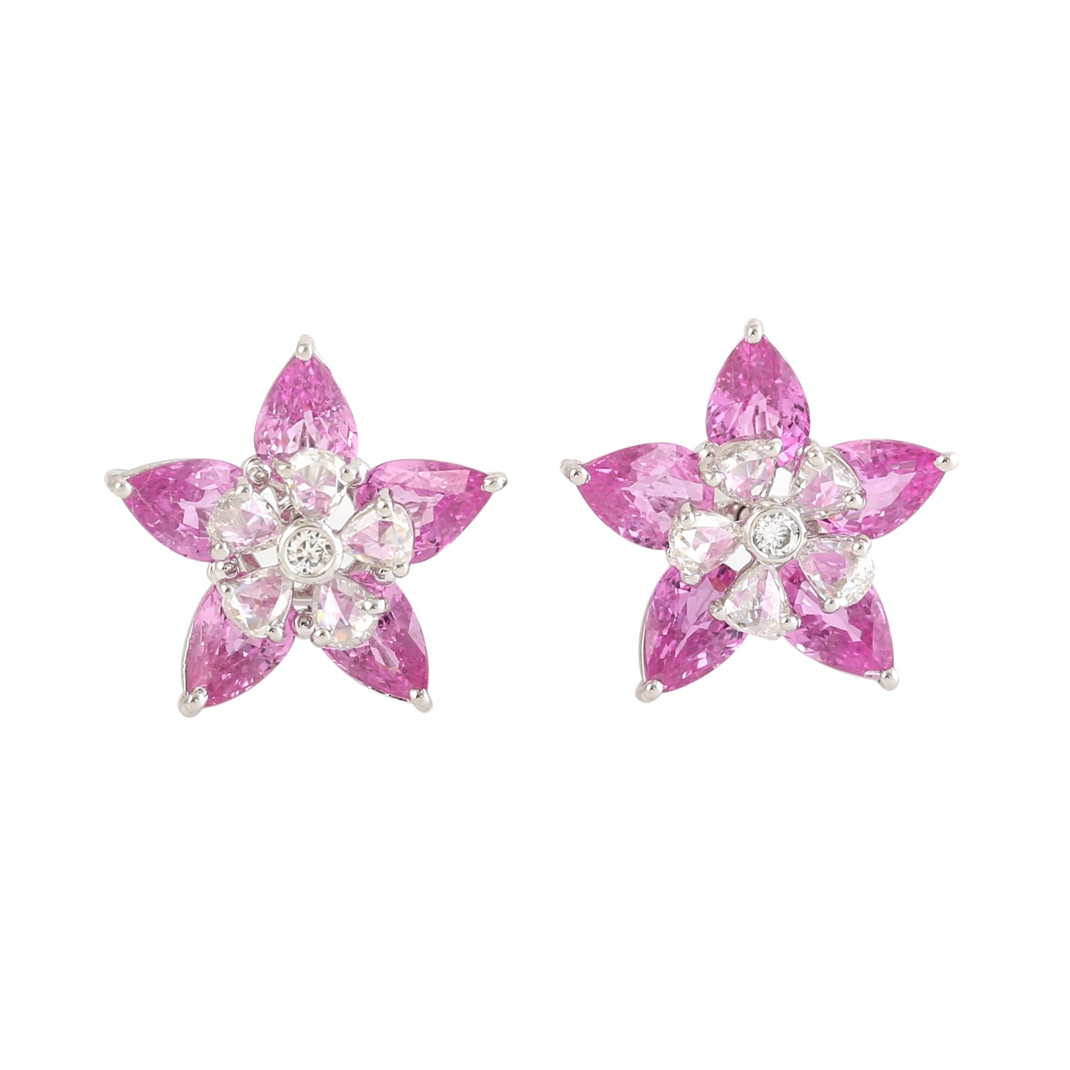 Women’s White / Pink / Purple Rose & Round Cut Diamond With Pink Sapphire In 18K White Gold Classic Stud Earrings Artisan