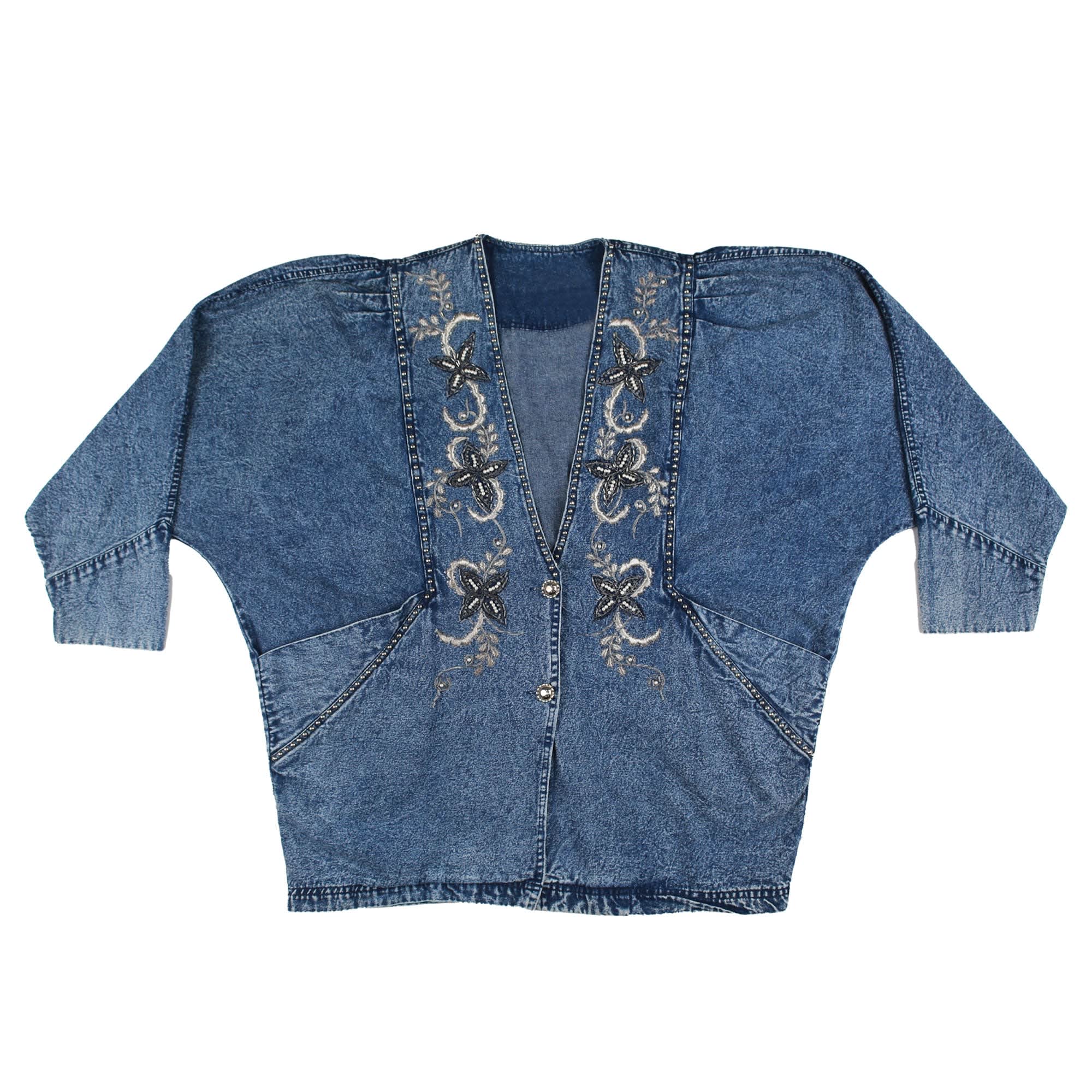 Vintage Embroidered Denim Jacket With Details Sugar Cream
