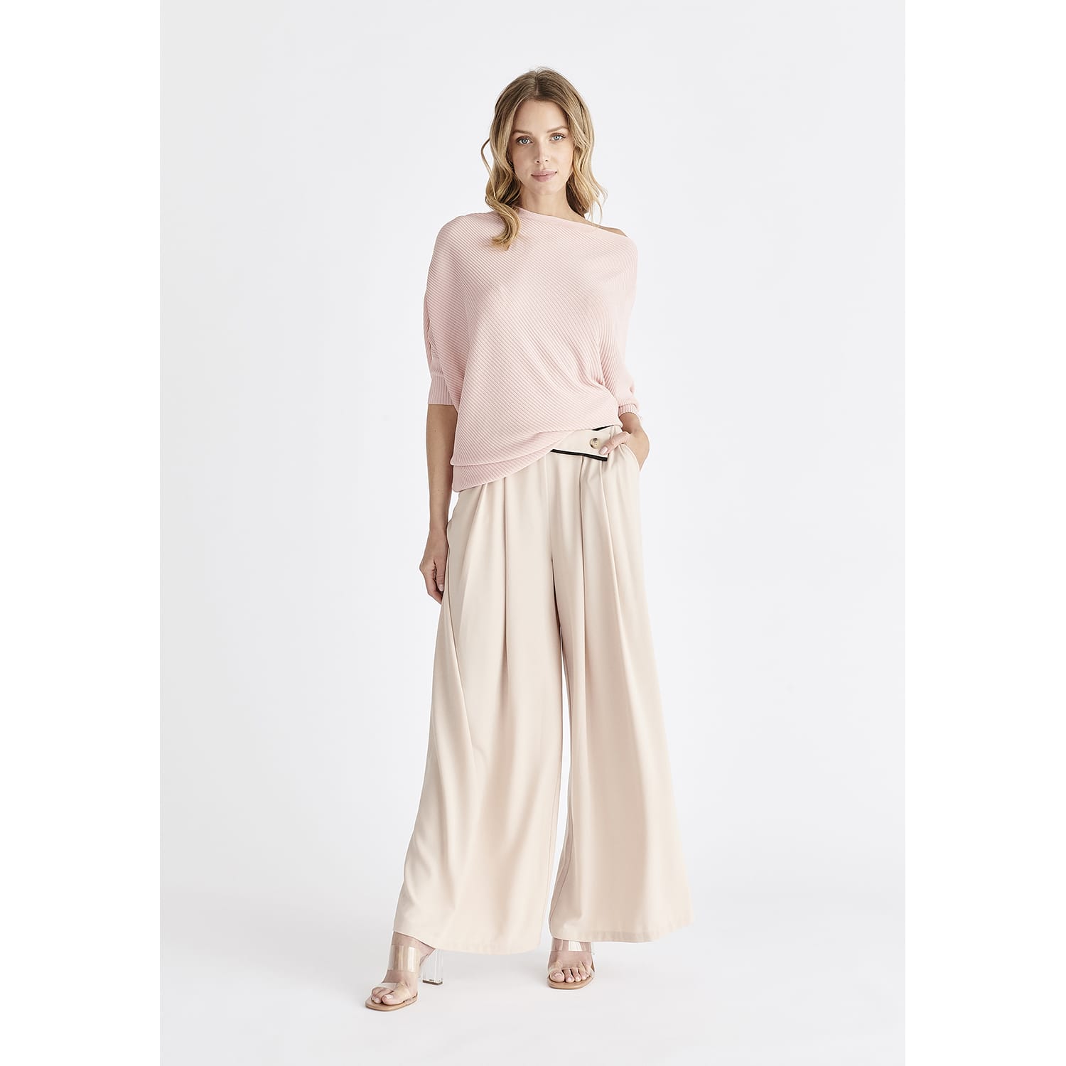 Asymmetric Waistband Trousers In Beige & Black | PAISIE