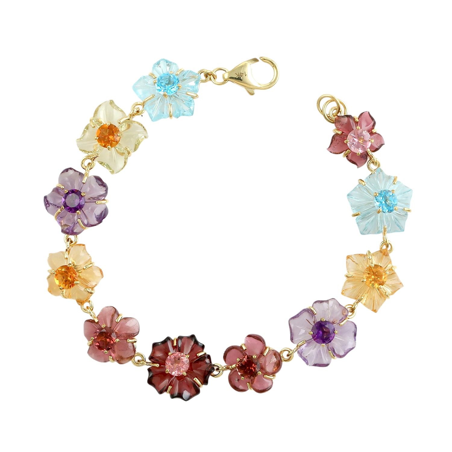 Artisan Women's 14k Yellow Gold Carved Gemstone & Tourmaline Floral Bracelet In Multi