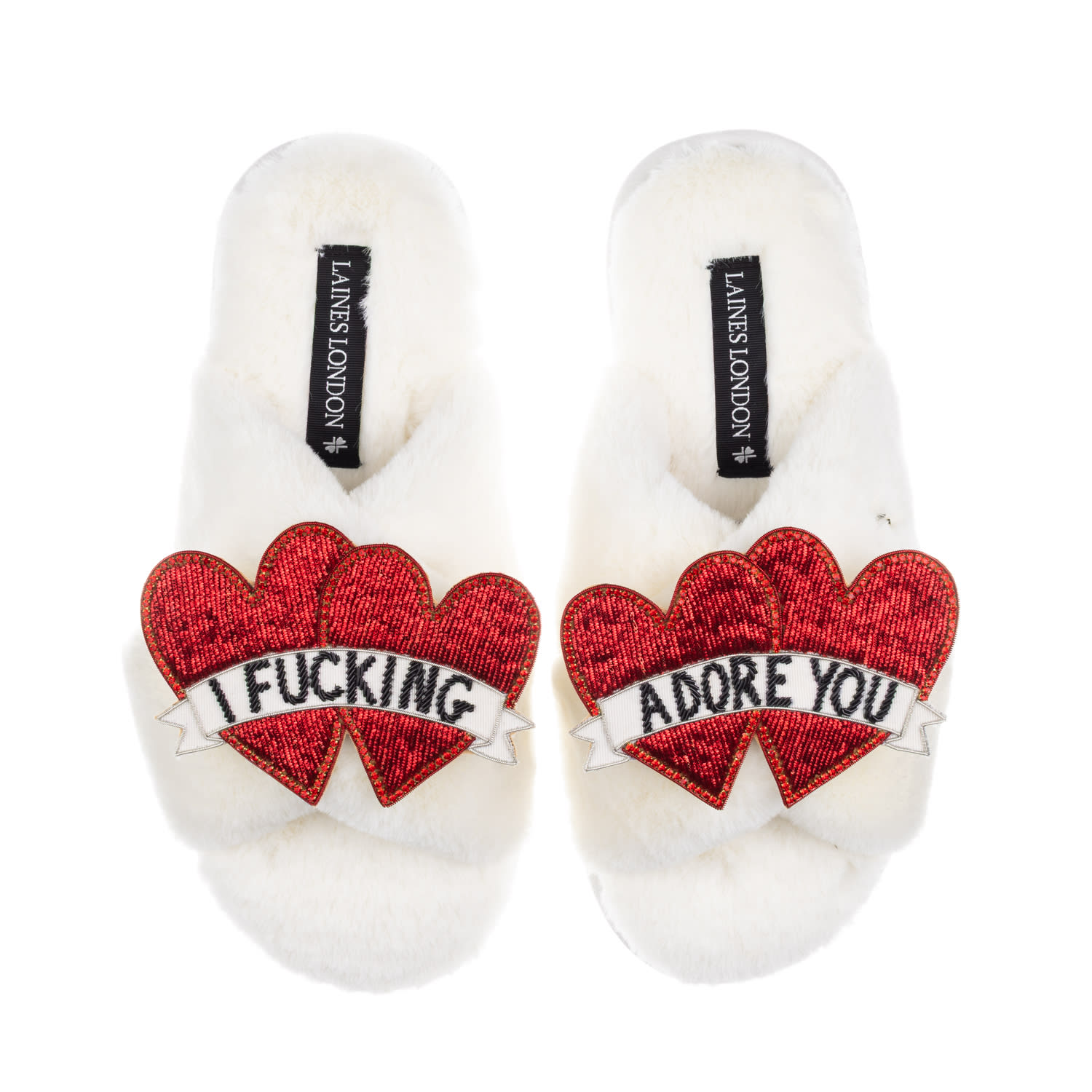 Laines London Women's Neutrals / White Classic Laines Slippers With I Fucking Adore You Brooches - Cream In White