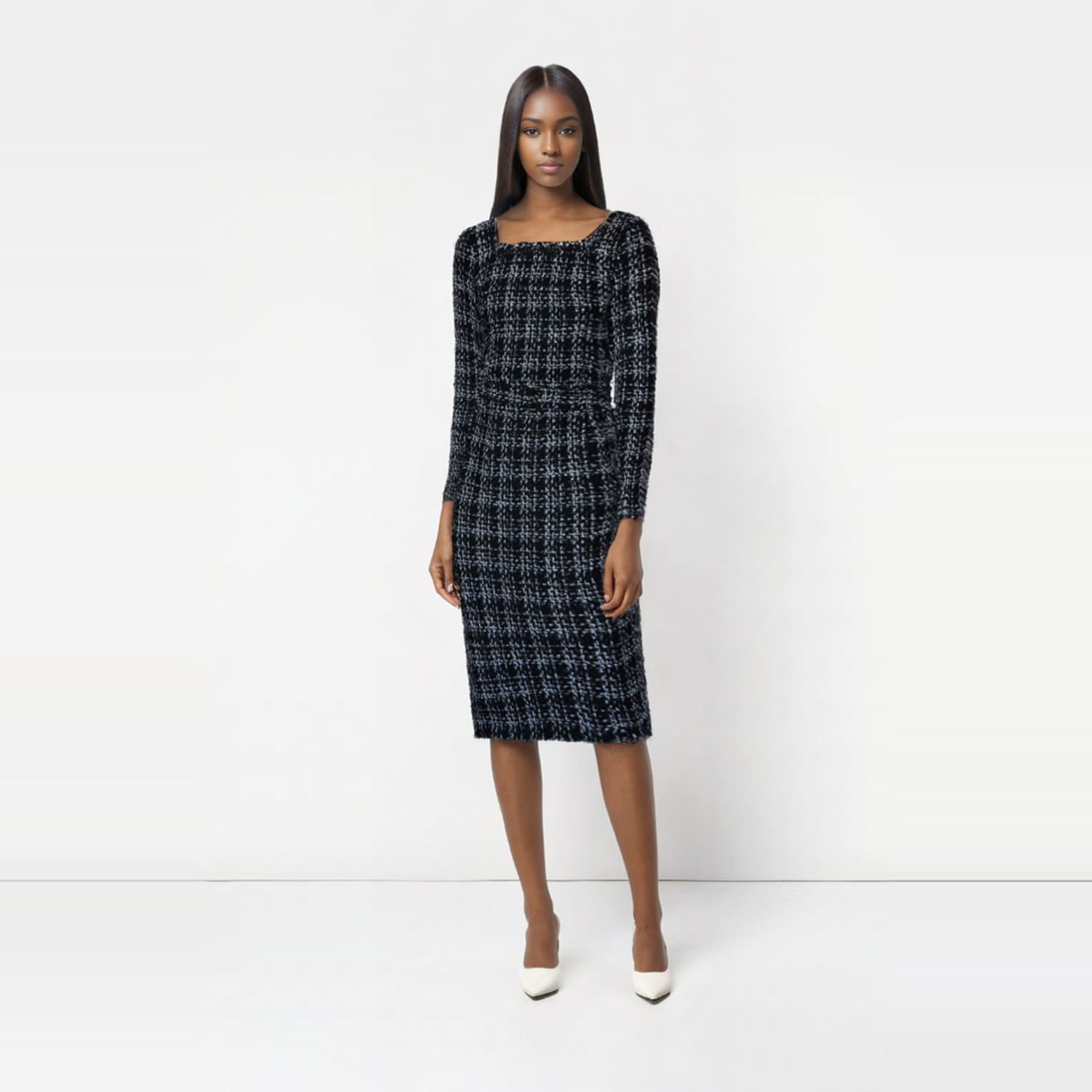 Kim Checked Metallic Tweed Pencil Midi Dress With Belt