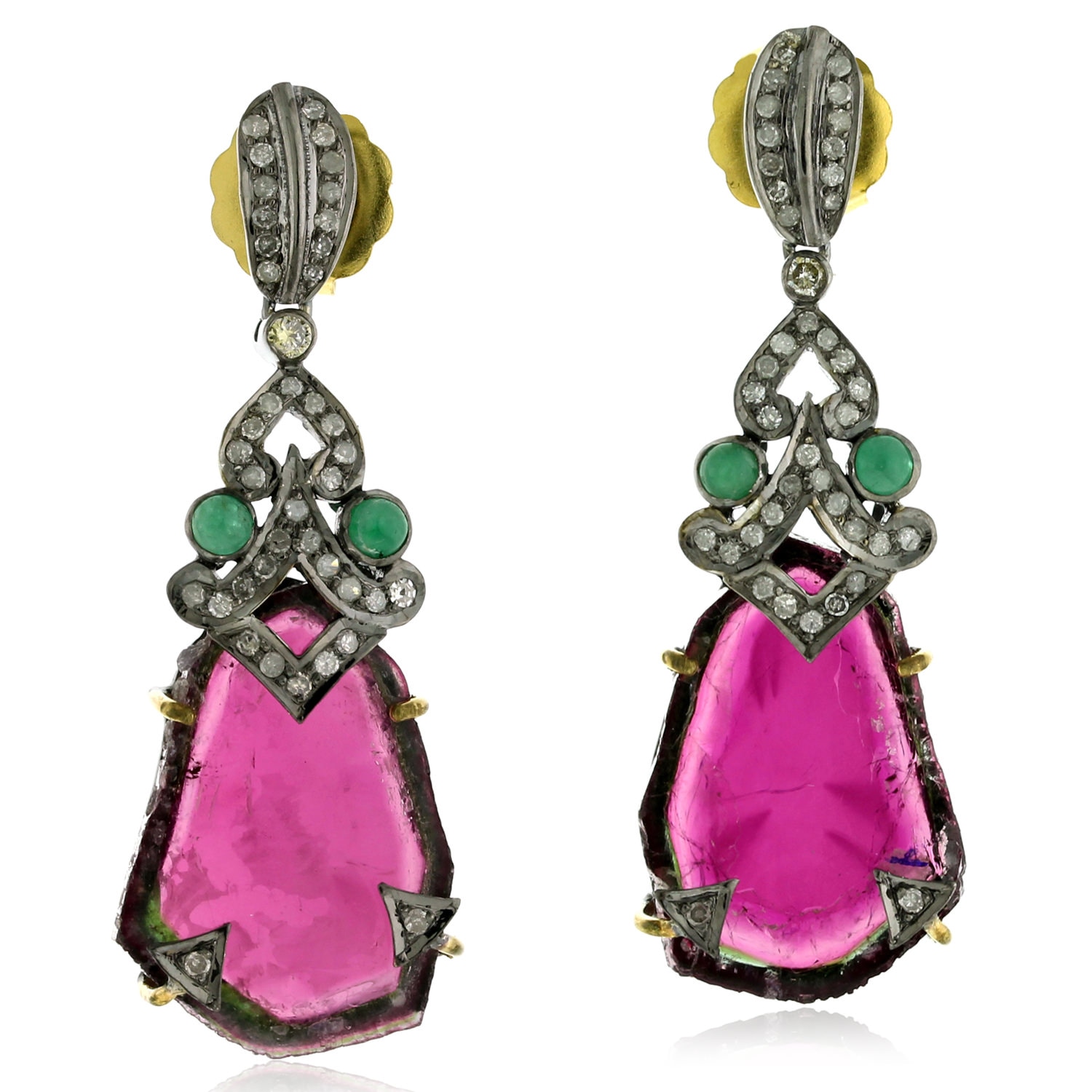 Artisan Women's Gold / Pink / Purple 18k Gold Silver With Tourmaline & Emerald Diamond Dangle Earrings In Multi