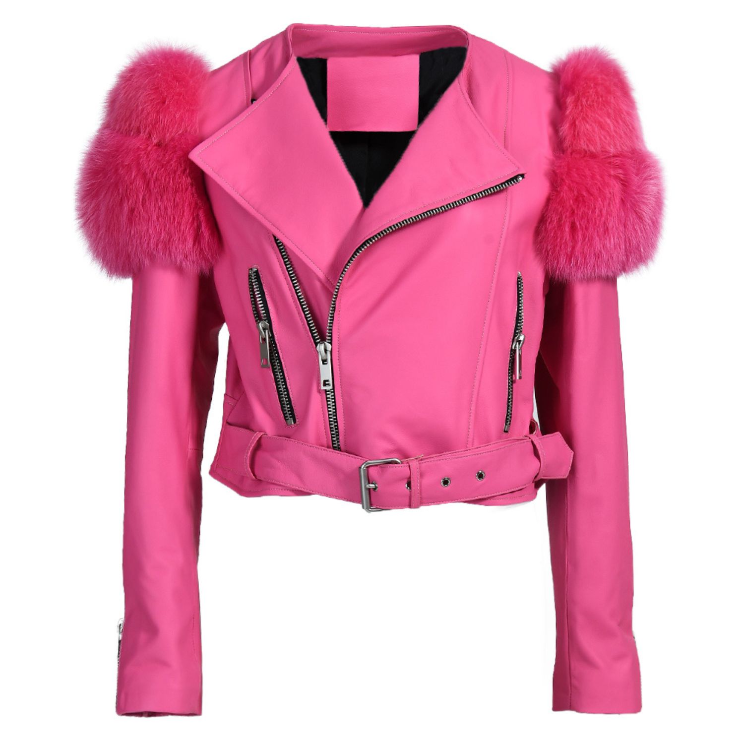 Hortons England Women's Pink / Purple Cropped Faux Fur Shoulder Jacket