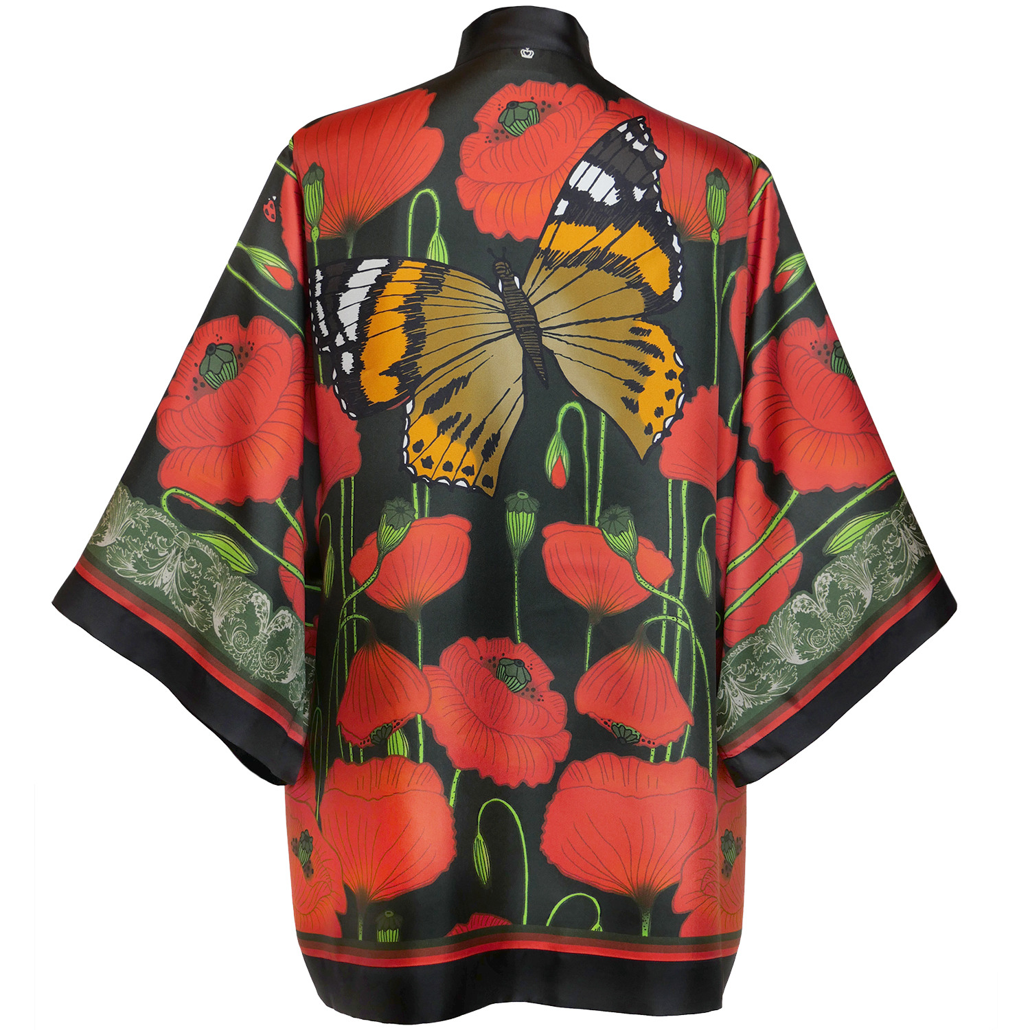 Women’s Black / Red / Green Silk Kimono Jacket- Poppies - Dark One Size Kueen