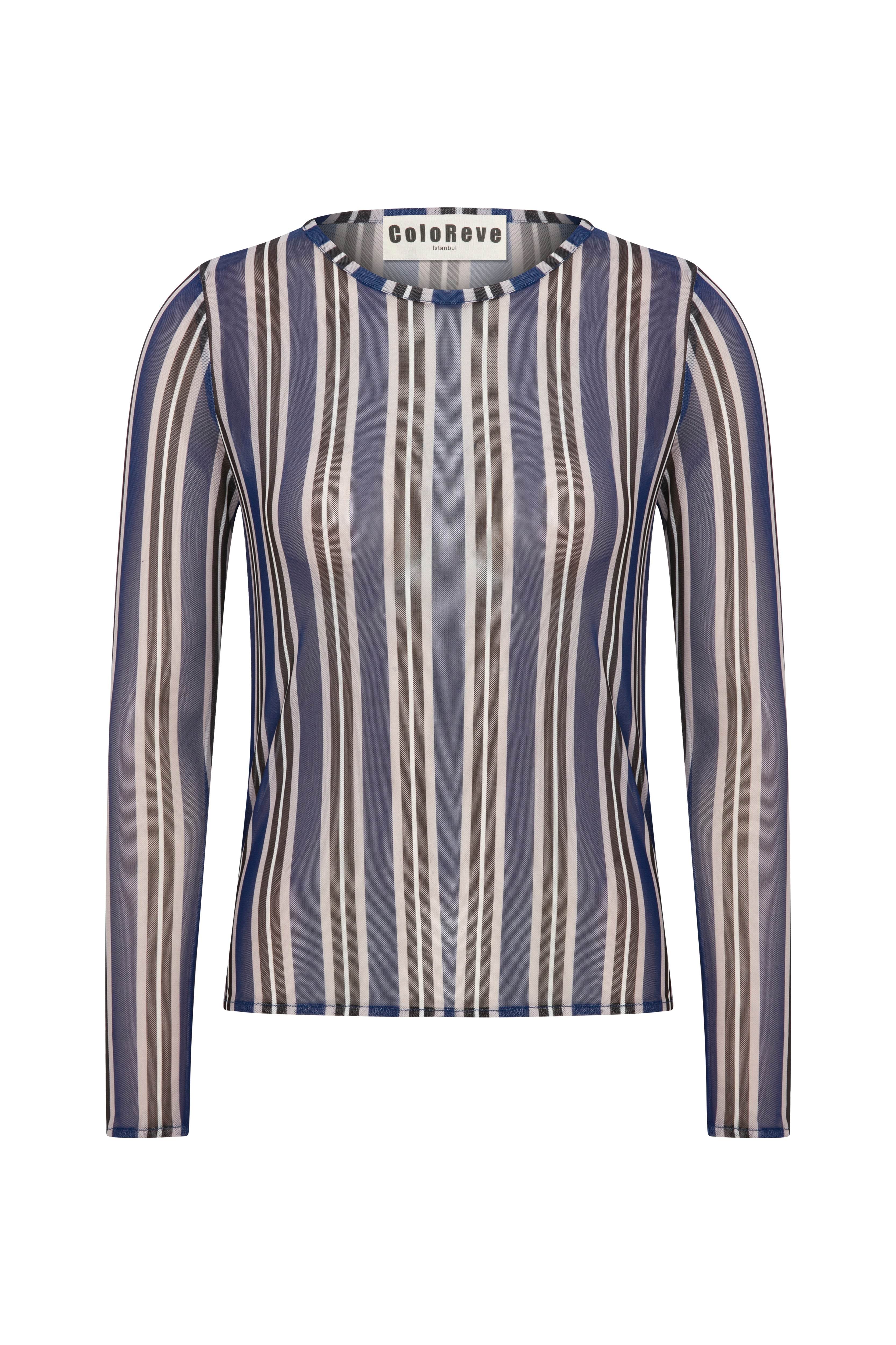 Coloreve Women's Blue Printed Mesh Long Sleeve T-shirt In Blue