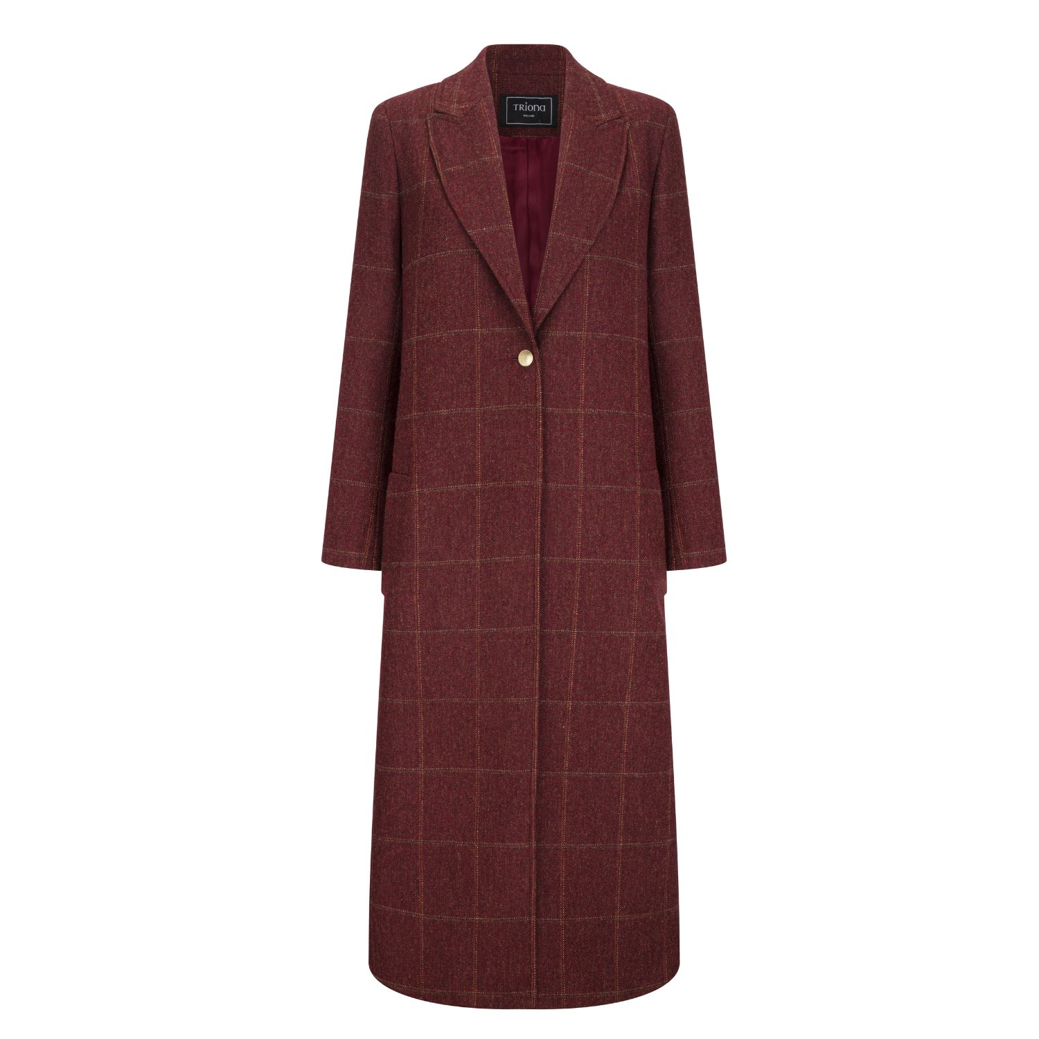Triona Women's Red / Purple Wine & Gold Windowpane Shannon Tweed Full Length Tweed Coat In Brown