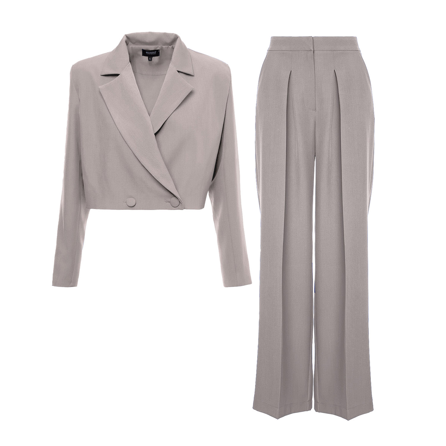 Bluzat Women's Neutrals Beige Suit With Cropped Blazer And Ultra Wide Leg Trousers In Beige
