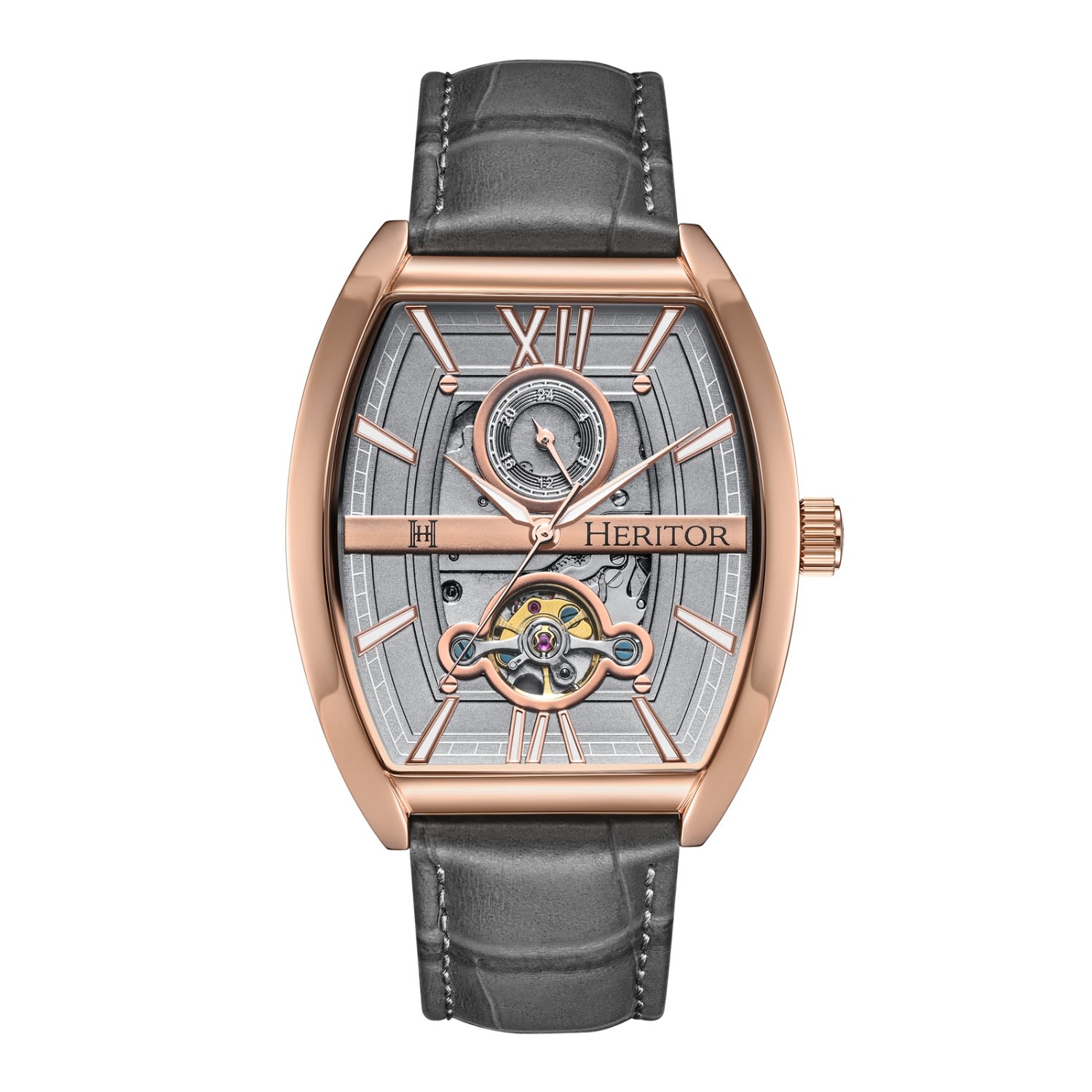 Heritor Automatic Men's Grey / Rose Gold Masterson Semi-skeleton Leather-band Watch - Grey, Rose Gold In Grey/rose Gold