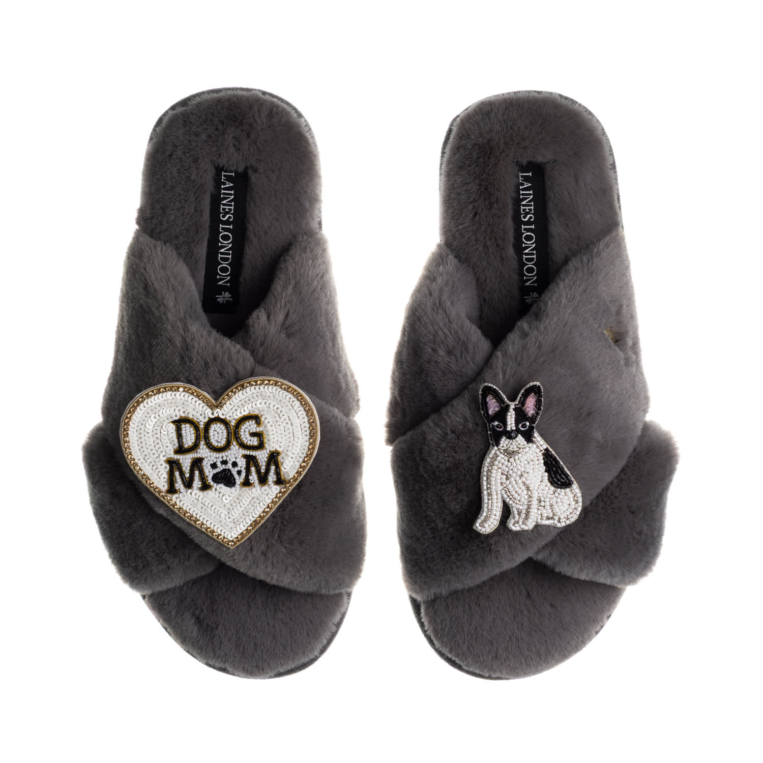 Laines London Women's Classic Slippers With Dog Mum/mom & Black/white Sitting French Bulldog Brooches - Grey In Gray