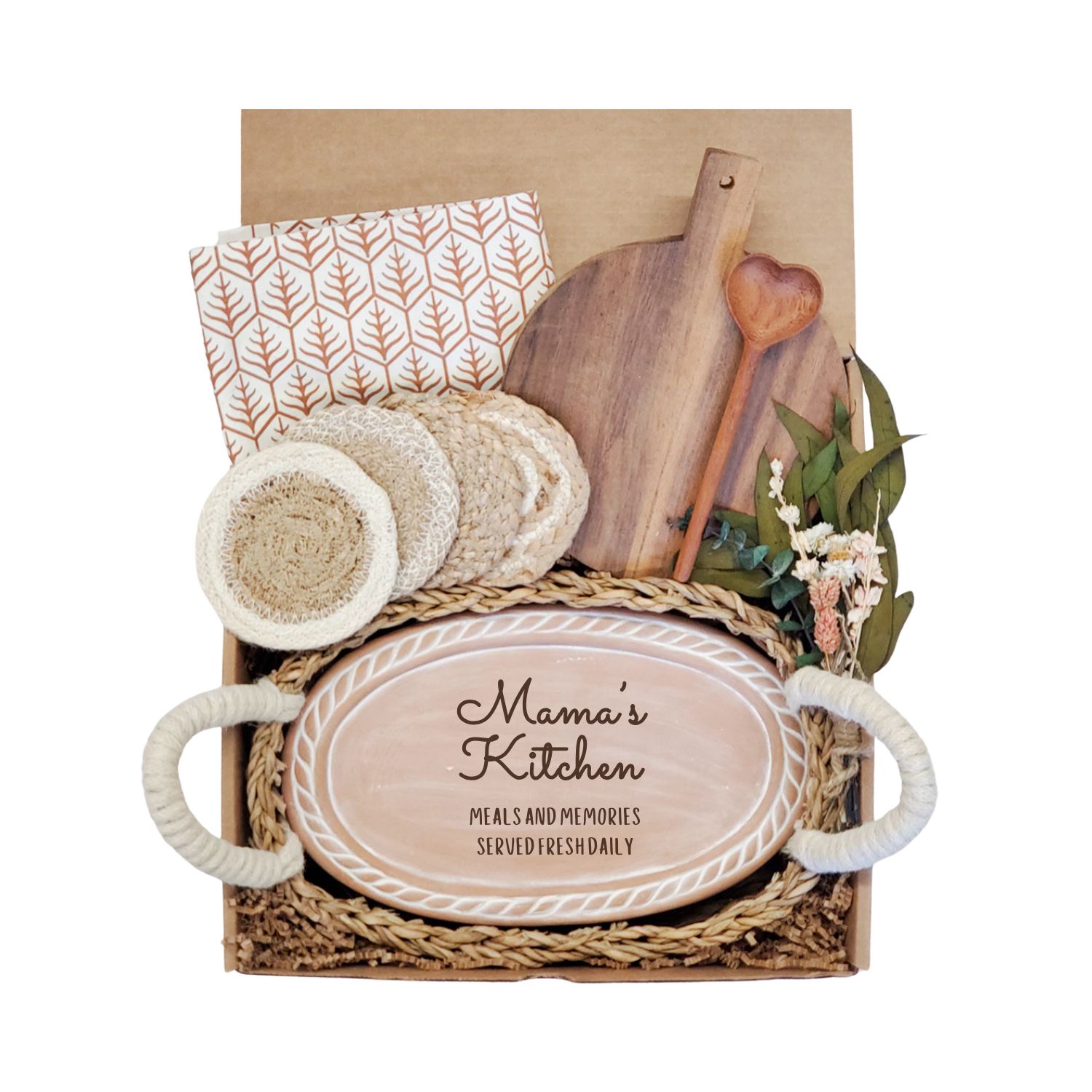 Korissa Brown / Neutrals Bread Warmer Gift Box With Round Wooden Board, Spoon And Light Brown Tea Towel - Mo