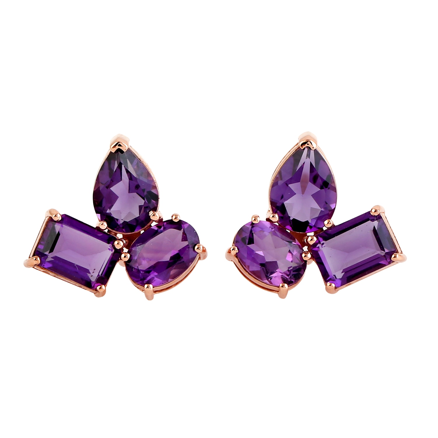 Artisan Women's Pink / Purple Amethyst Gemstone Three Stone Stud Earrings In Rose Gold