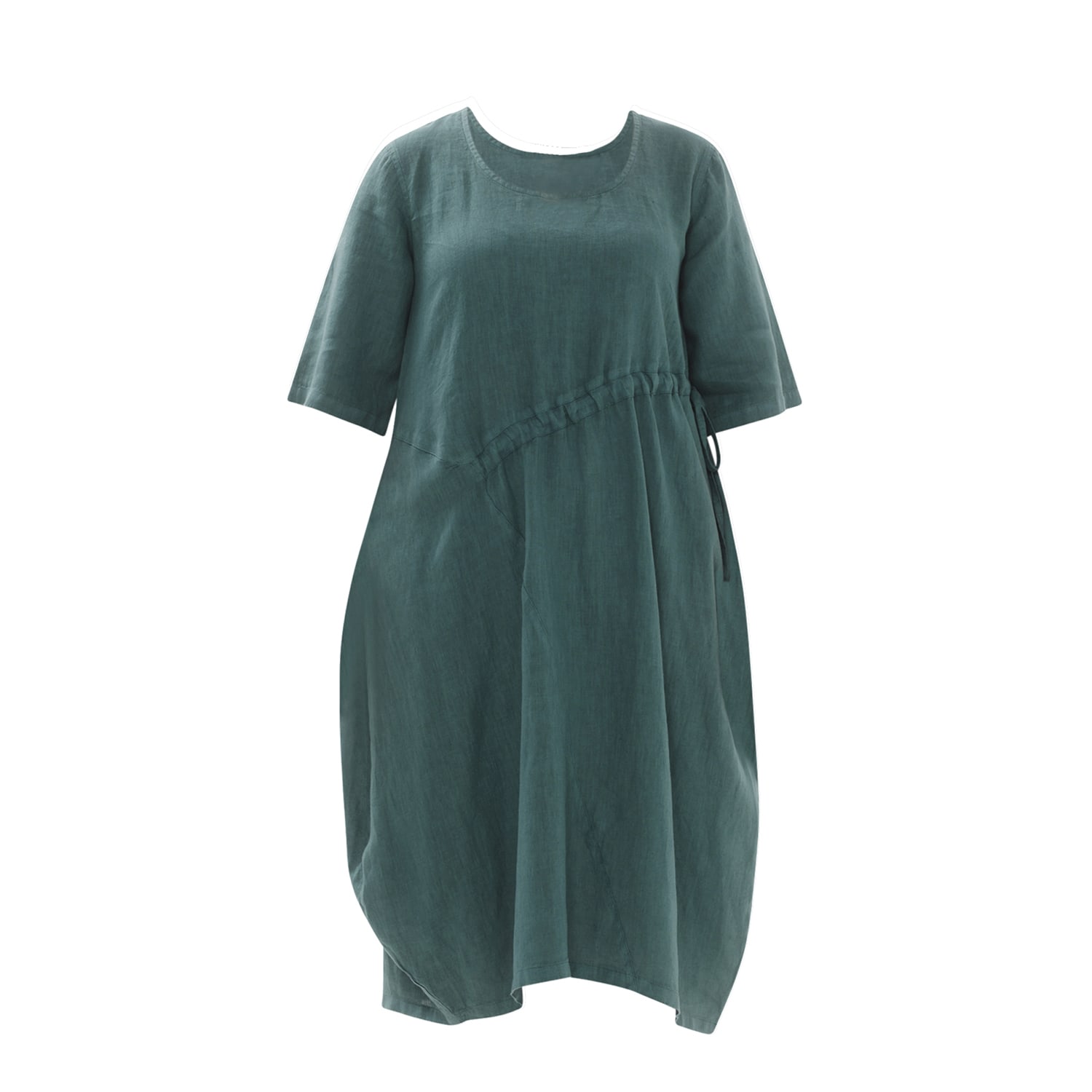 Haris Cotton Women's Green Solid Asymmetrical Hem Linen Ballon Dress With Knot Side - Emerald