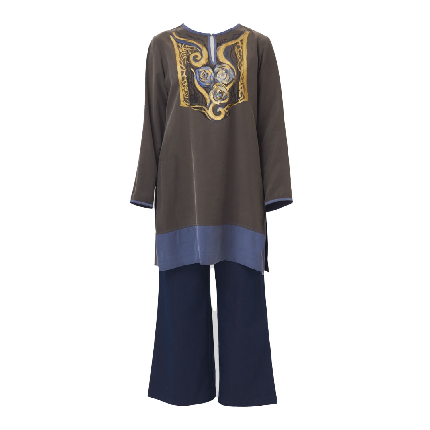 Saniya Khan Women's Brown Roses & Filigree Hand Painted Tunic In Brown