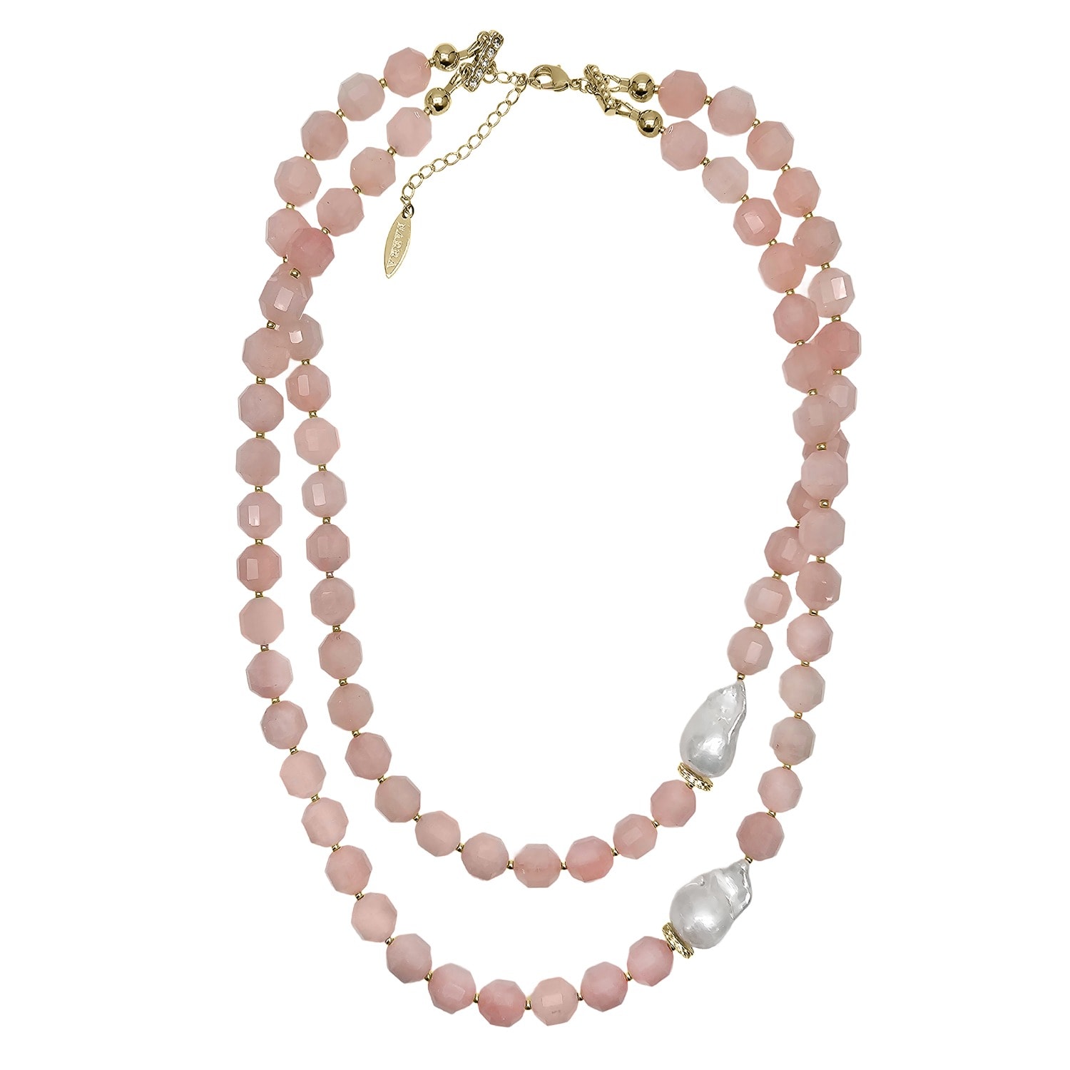 Farra Women's Pink / Purple Rose Quartz With Baroque Pearls Double Layers Necklace